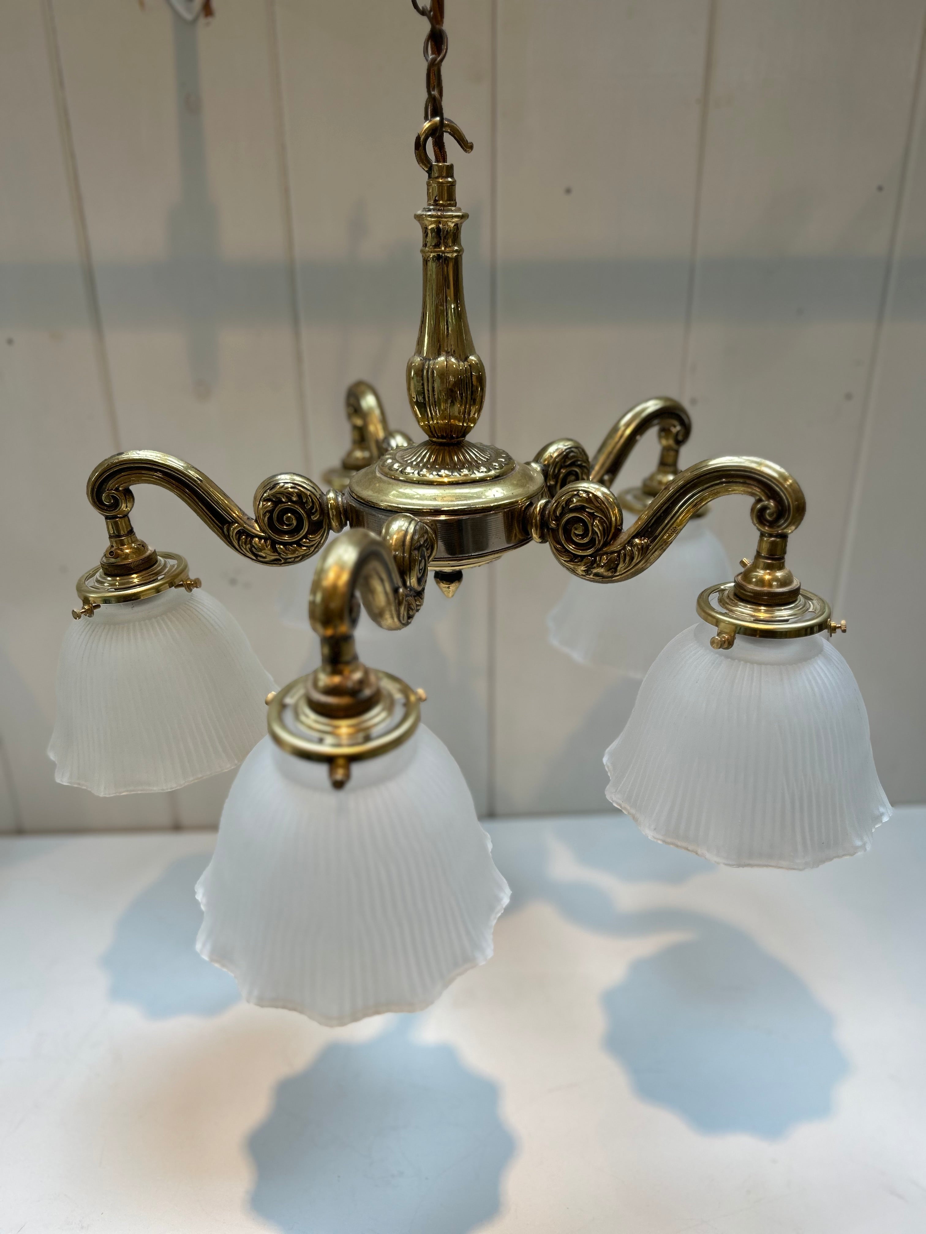 Edwardian Five Arm Brass Electrolier with Frosted Prismatic Lampshades C.1930