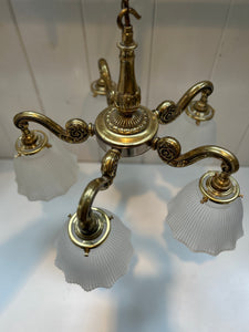 Edwardian Five Arm Brass Electrolier with Frosted Prismatic Lampshades C.1930