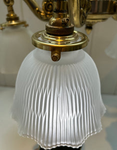 Edwardian Five Arm Brass Electrolier with Frosted Prismatic Lampshades C.1930