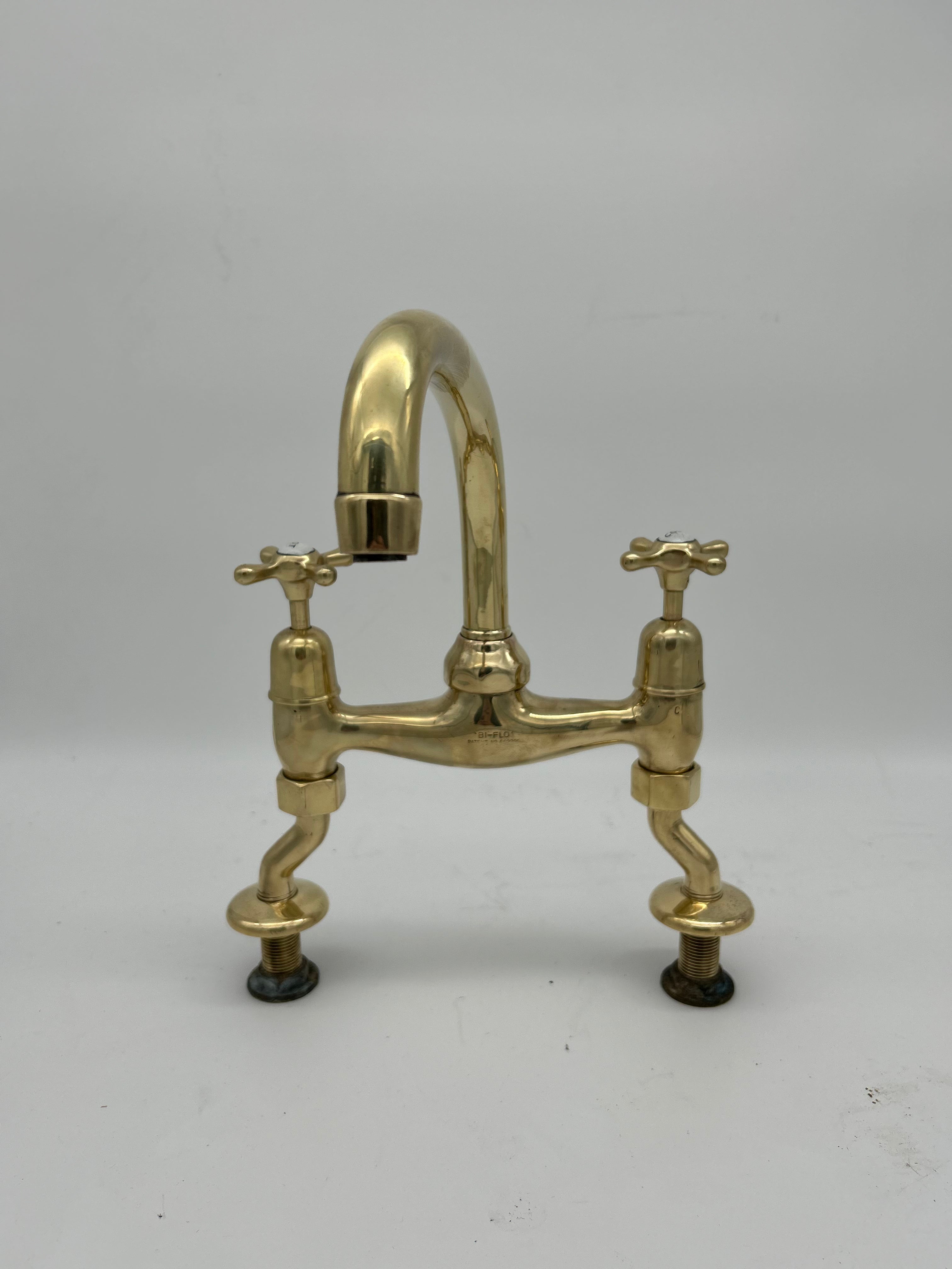 Bi-Flo Kitchen Mixer Tap with Porcelain Hot & Cold Indices C.1930 in Unsealed Polished Brass finish