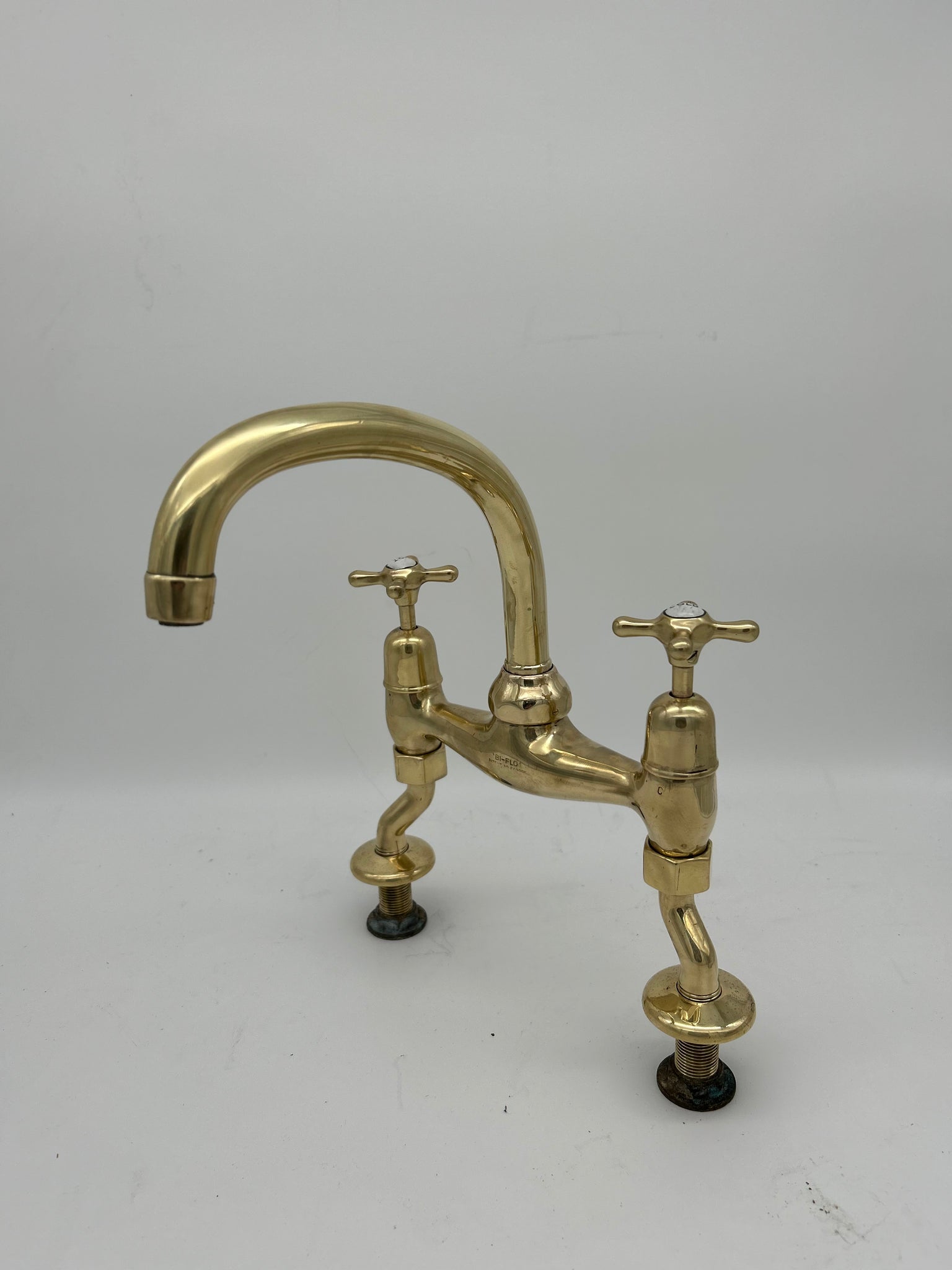 Bi-Flo Kitchen Mixer Tap with Porcelain Hot & Cold Indices C.1930 in Unsealed Polished Brass finish