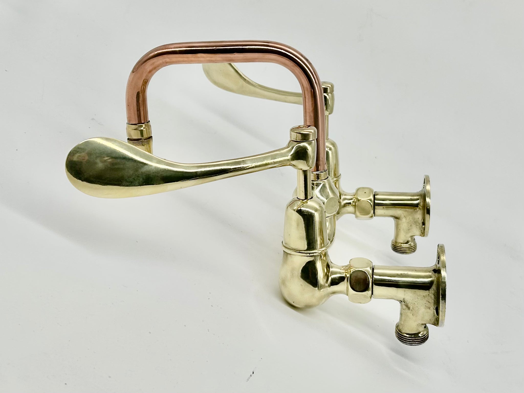 Wall-Fixing Lever-Operated Kitchen Mixer C.1920 in Polished Brass with a Copper Returnable Spout