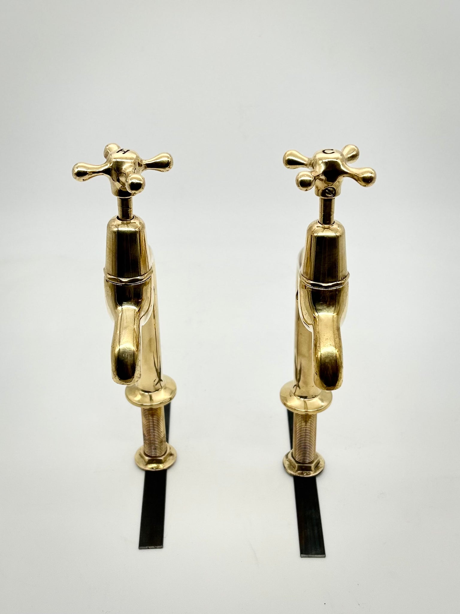 Vintage 1/2" Feed Kitchen Bib Taps on Pedestals in Unsealed Polished Brass Finish C.1940