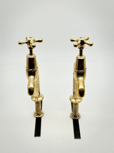 Vintage 1/2" Feed Kitchen Bib Taps on Pedestals in Unsealed Polished Brass Finish C.1940