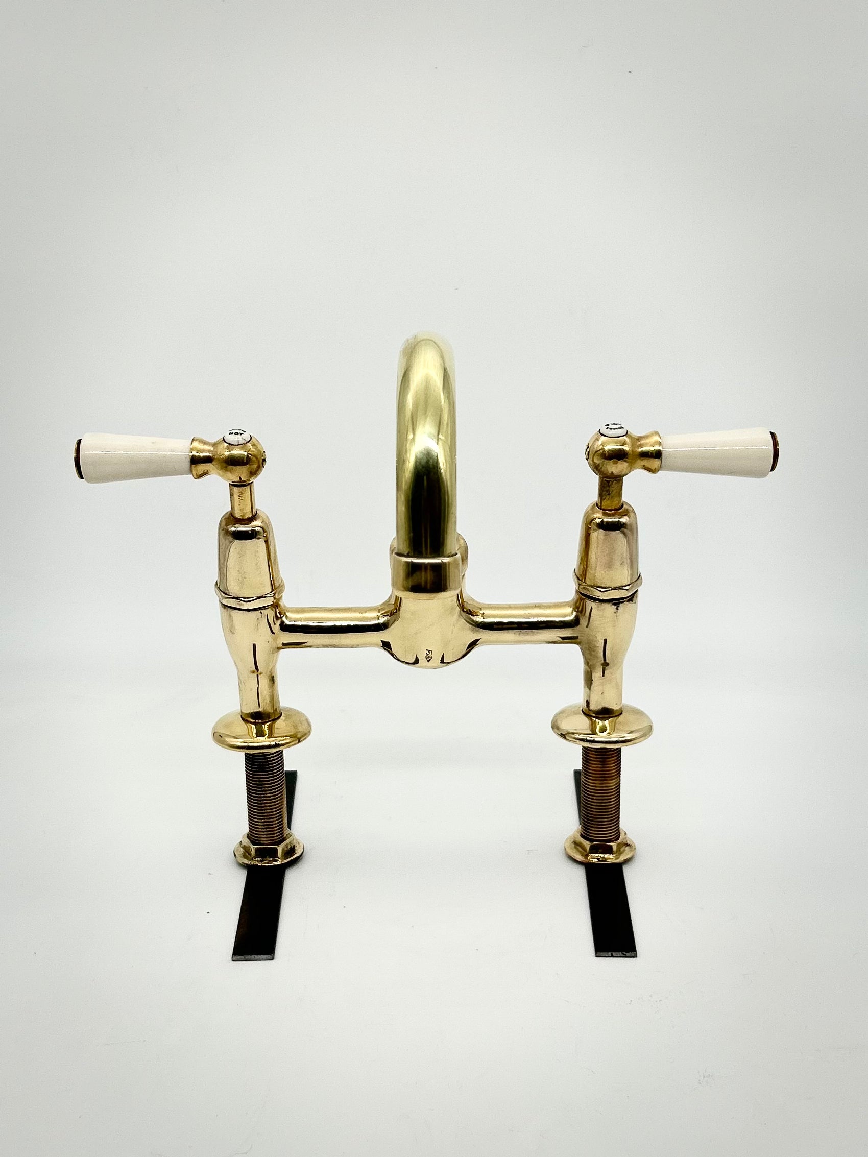 Lever-Operated Kitchen Mixer Tap C.1930 with Porcelain Handles in Unsealed Polished Brass by Shanks.