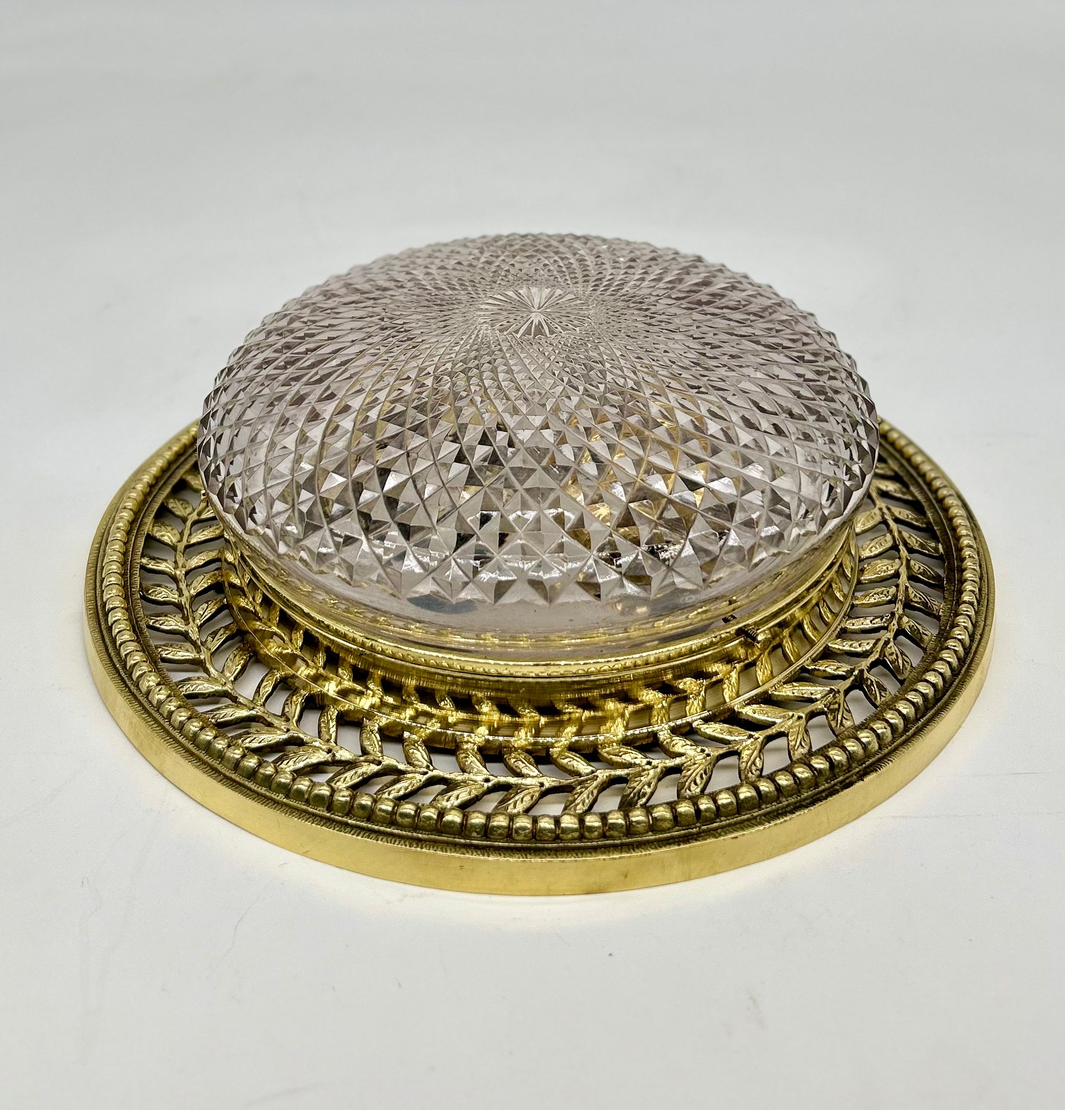 Cut Crystal Elliptical Lampshade on a Ceiling-Mounted Fretted Brass Gallery C.1920