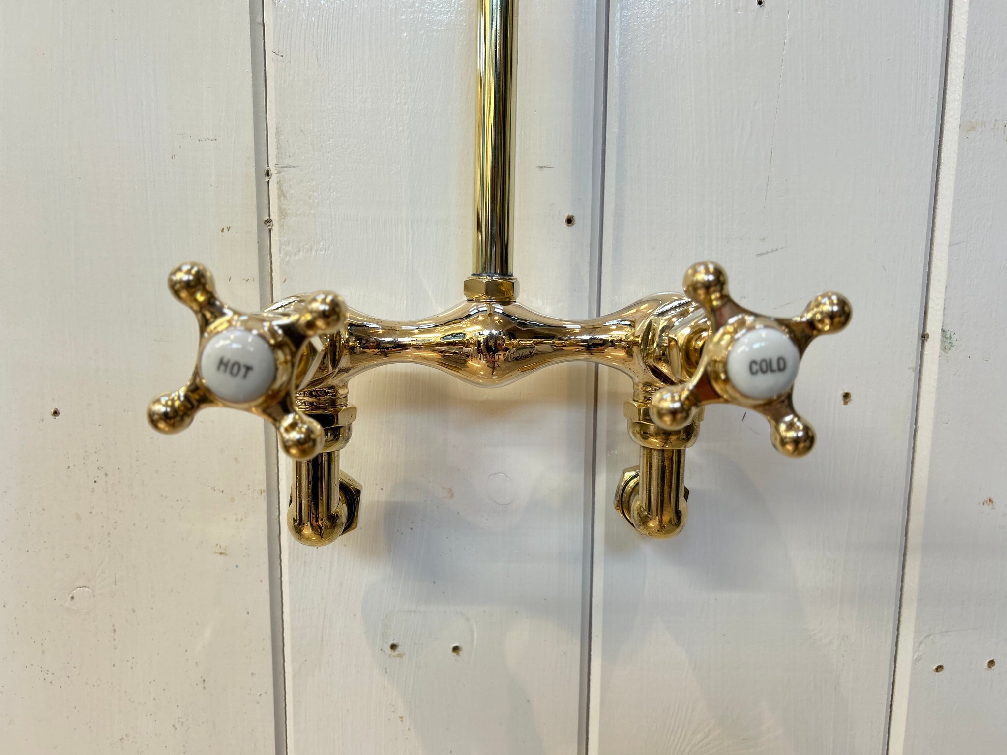 Wall-Fixing Shower Mixer Tap by LEHNERT & COMPANY of NEW YORK C.1900 in Unsealed Polished Brass finish