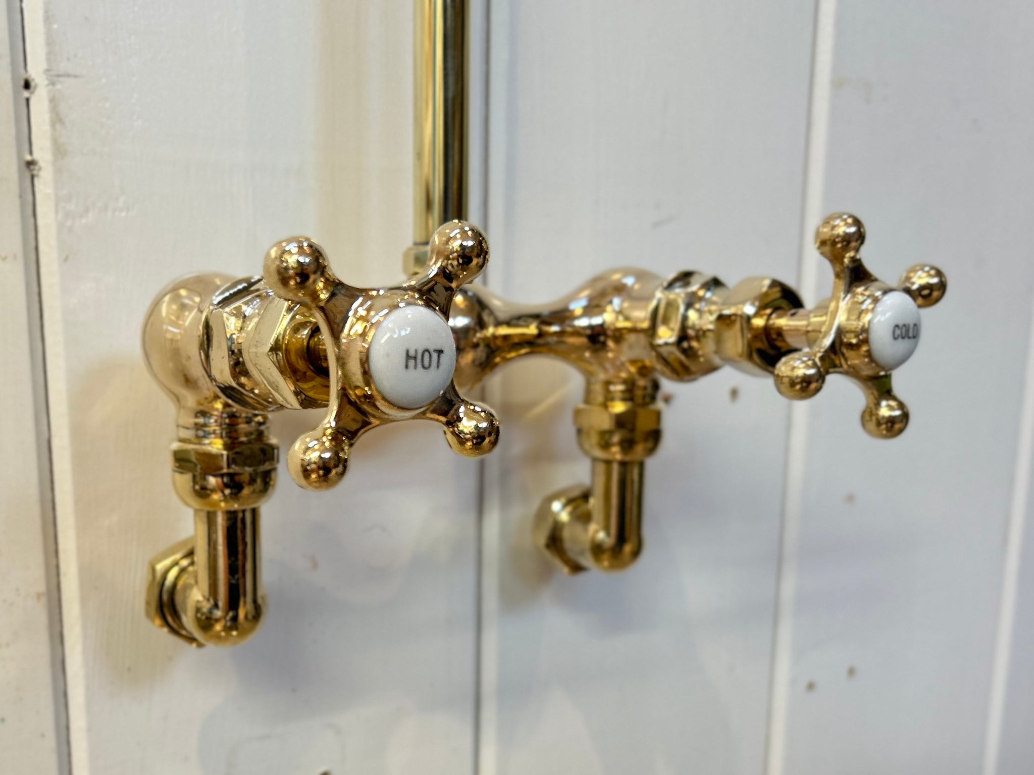 Wall-Fixing Shower Mixer Tap by LEHNERT & COMPANY of NEW YORK C.1900 in Unsealed Polished Brass finish