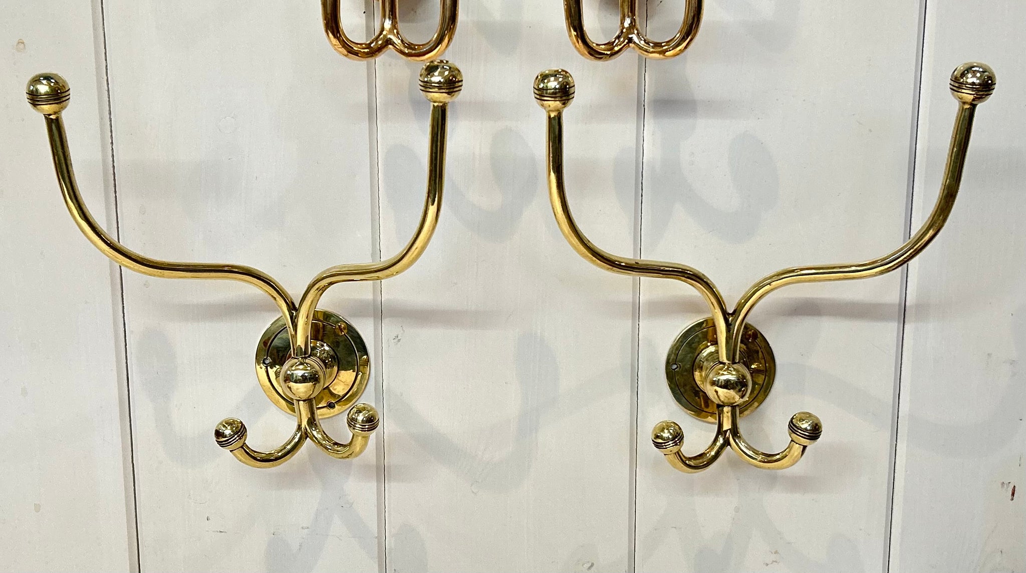 Vintage American Bistro Hooks (2 Pairs) in Unsealed Polished Brass finish C.1920