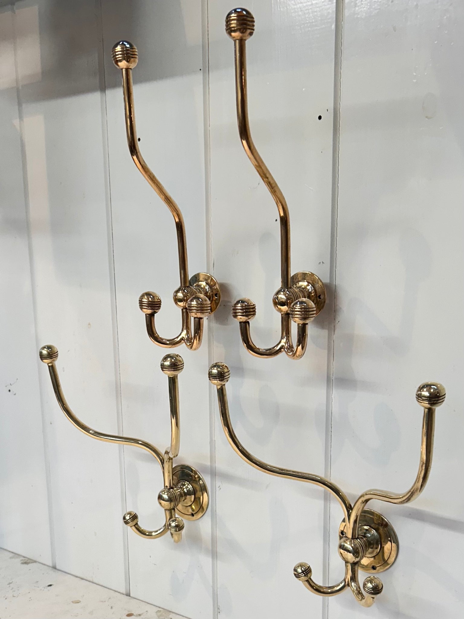 Vintage American Bistro Hooks (2 Pairs) in Unsealed Polished Brass finish C.1920