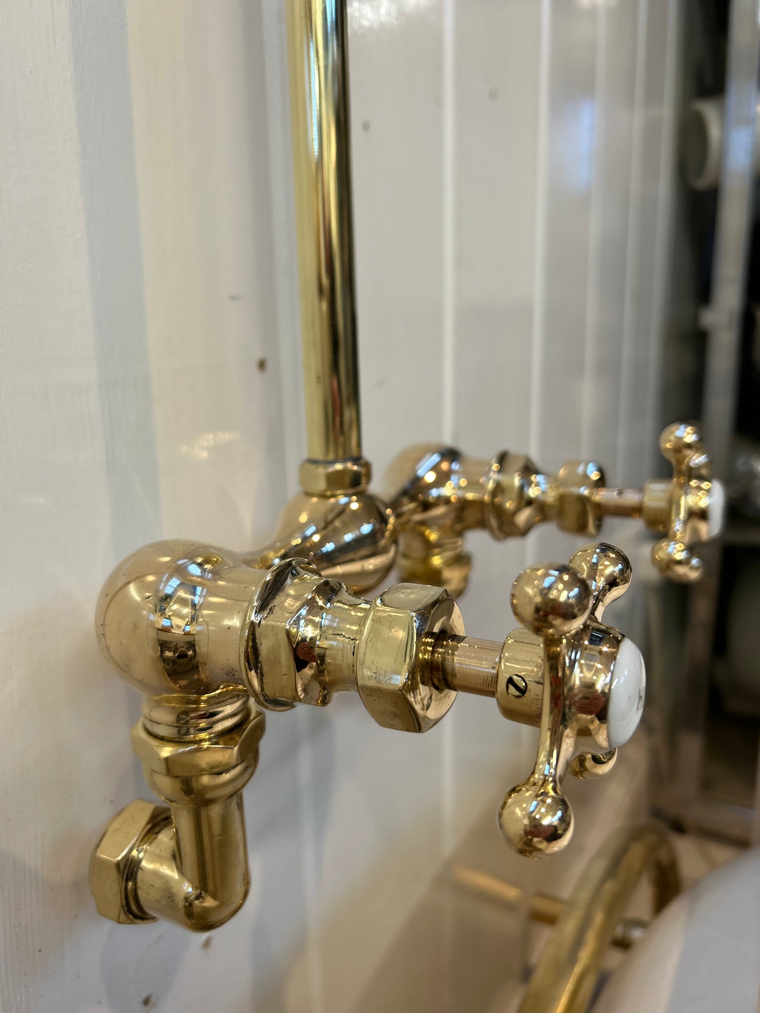 Wall-Fixing Shower Mixer Tap by LEHNERT & COMPANY of NEW YORK C.1900 in Unsealed Polished Brass finish