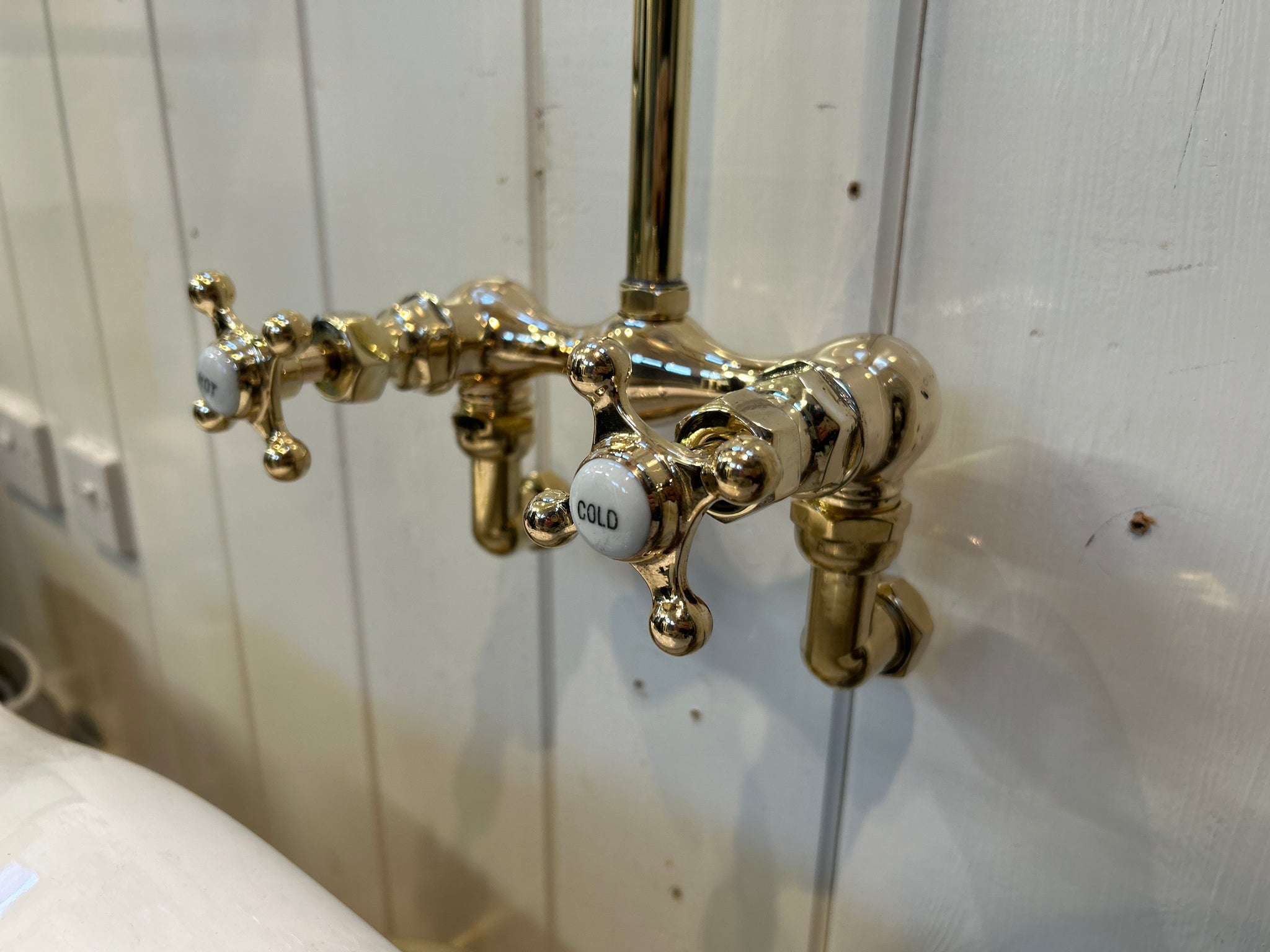 Wall-Fixing Shower Mixer Tap by LEHNERT & COMPANY of NEW YORK C.1900 in Unsealed Polished Brass finish