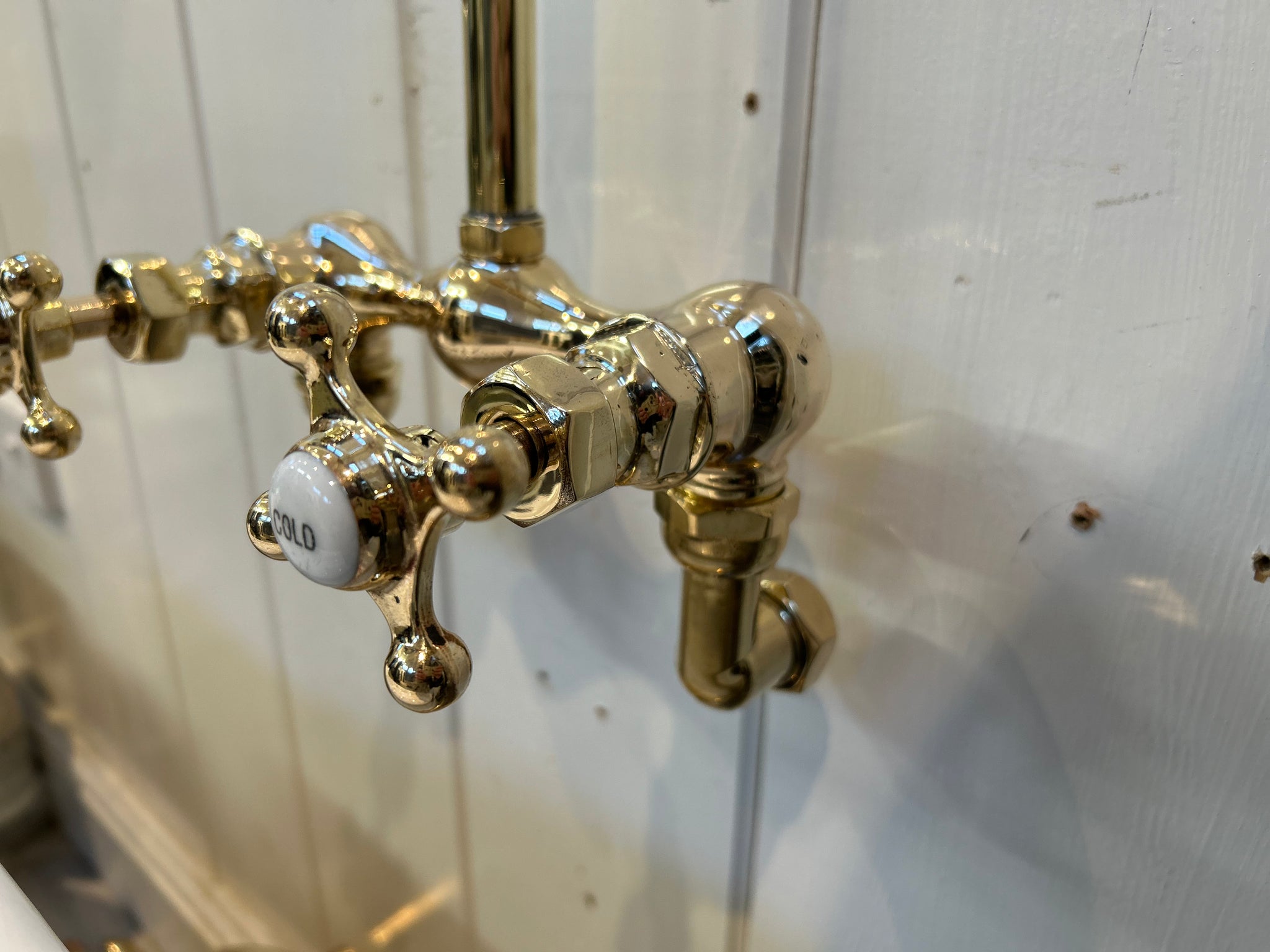 Wall-Fixing Shower Mixer Tap by LEHNERT & COMPANY of NEW YORK C.1900 in Unsealed Polished Brass finish