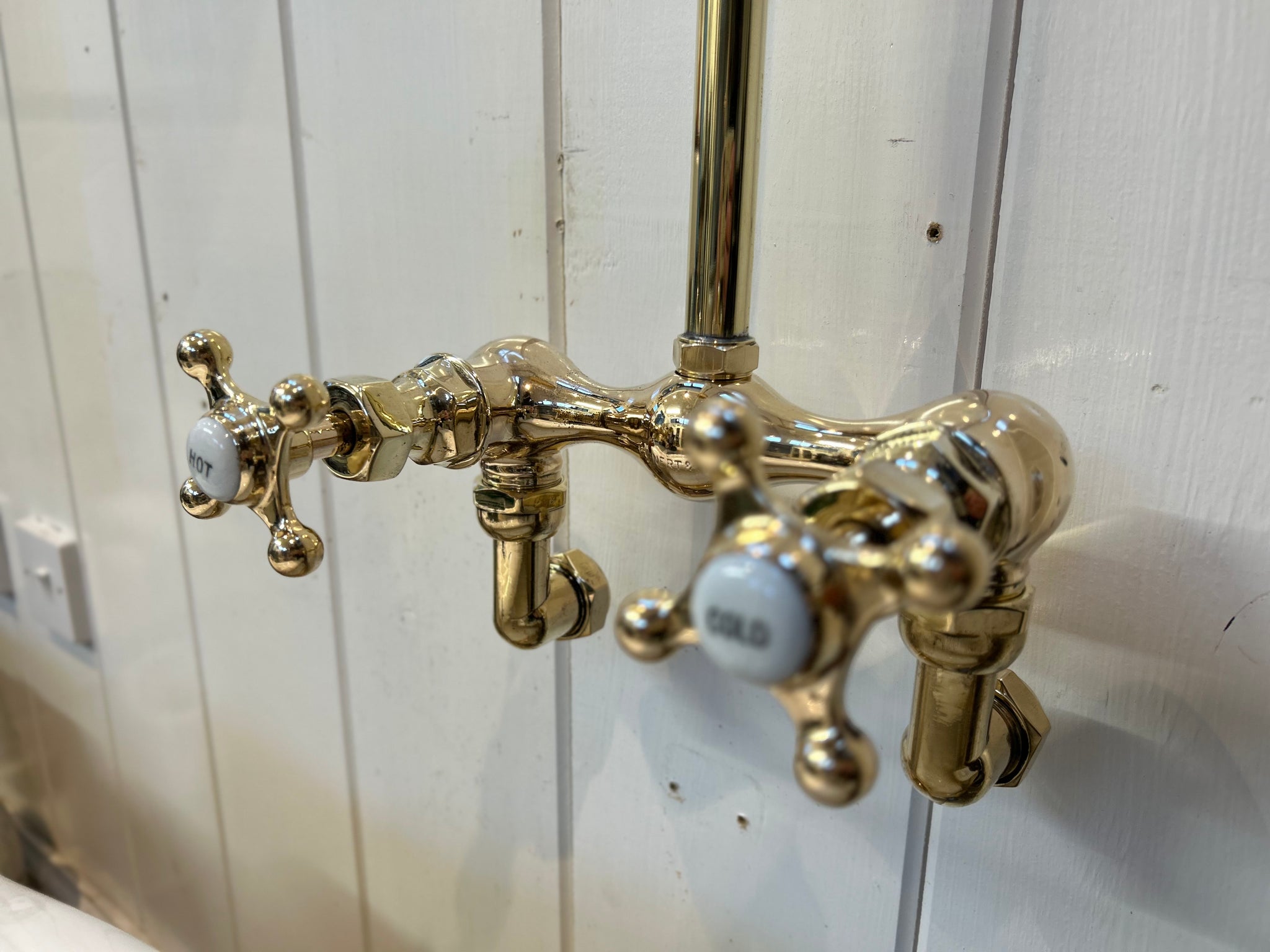 Wall-Fixing Shower Mixer Tap by LEHNERT & COMPANY of NEW YORK C.1900 in Unsealed Polished Brass finish