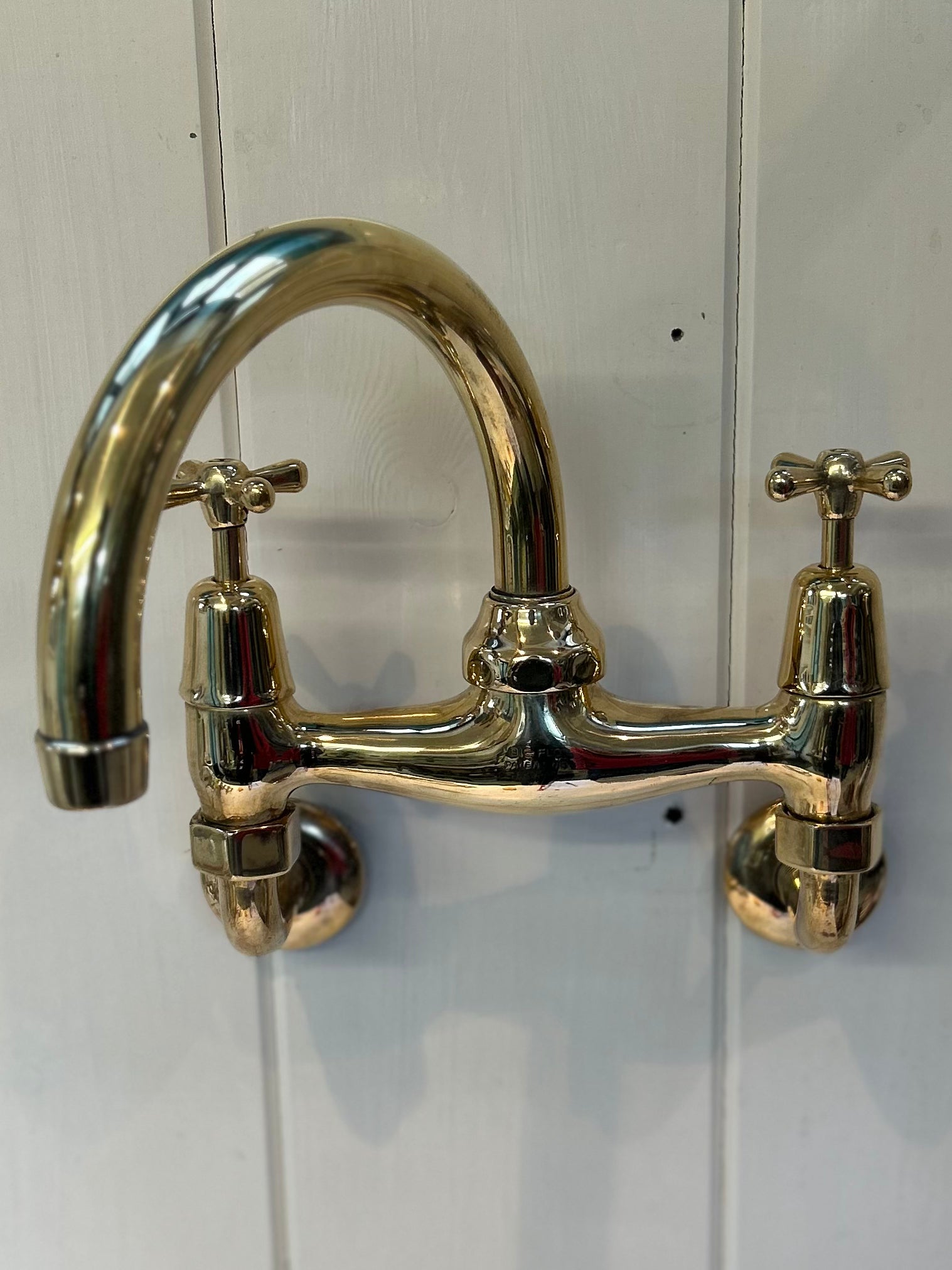 Wall-Fixing Bi-Flo Kitchen Mixer Tap with Returnable Spout C.1930 in Unsealed Polished Brass