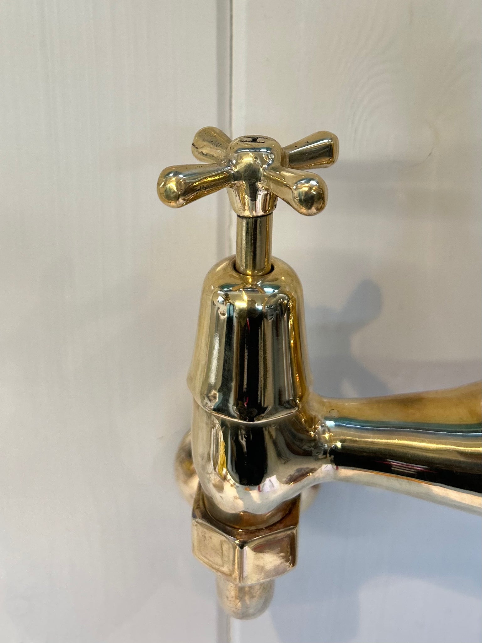 Wall-Fixing Bi-Flo Kitchen Mixer Tap with Returnable Spout C.1930 in Unsealed Polished Brass