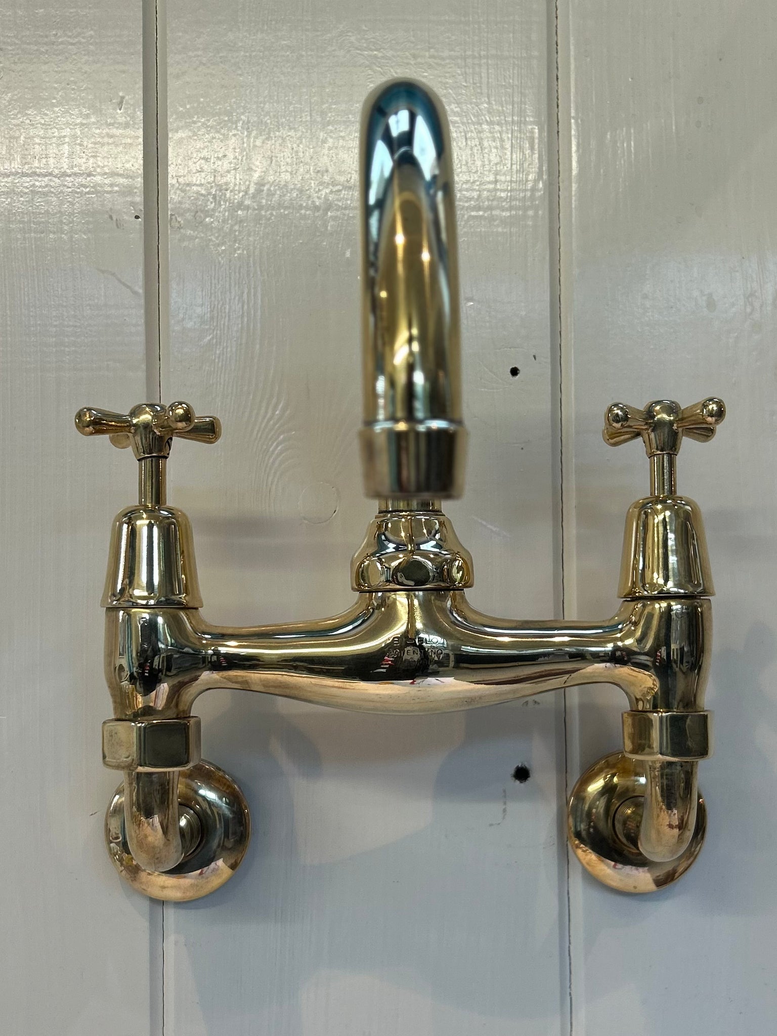 Wall-Fixing Bi-Flo Kitchen Mixer Tap with Returnable Spout C.1930 in Unsealed Polished Brass