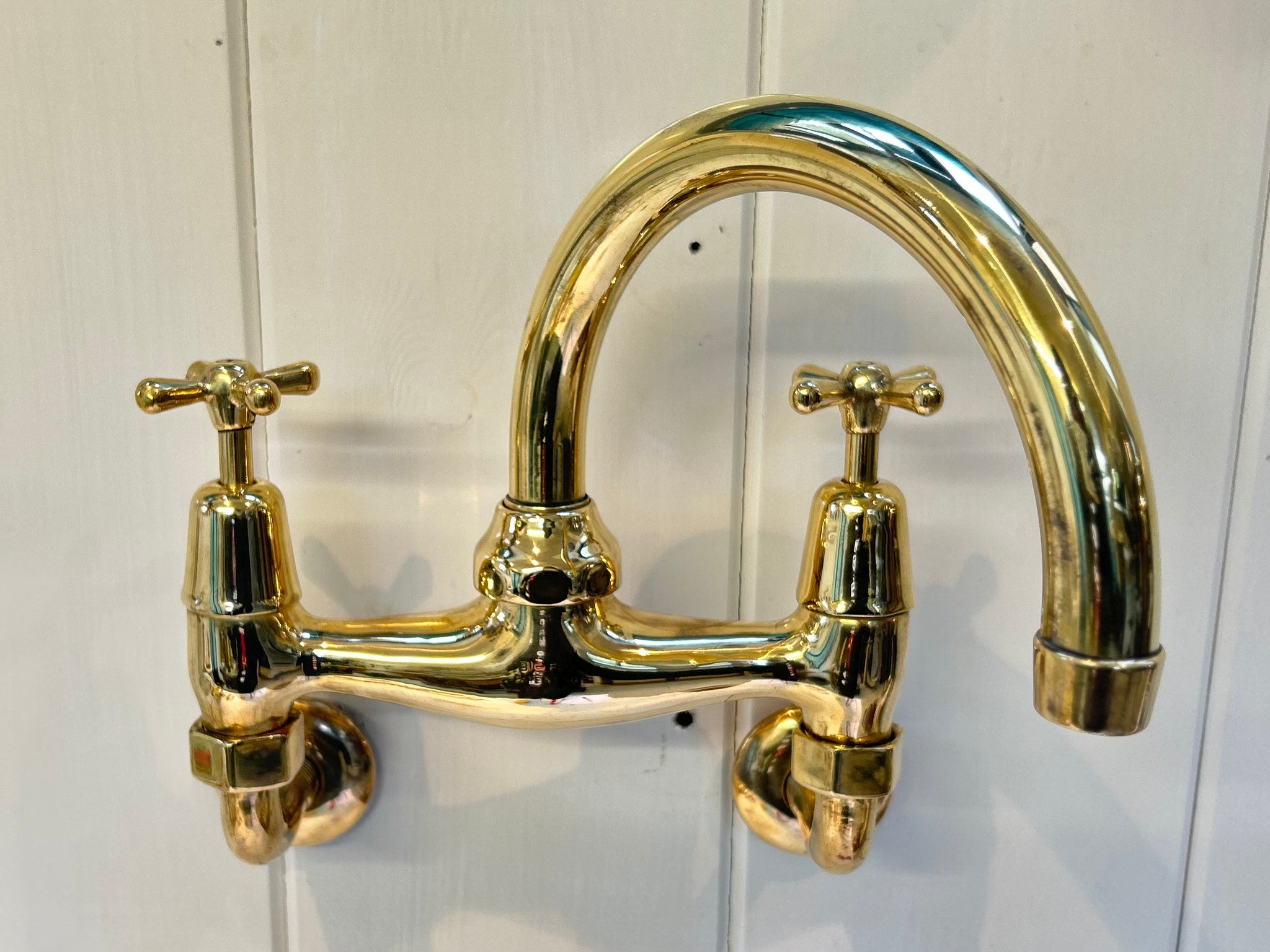 Wall-Fixing Bi-Flo Kitchen Mixer Tap with Returnable Spout C.1930 in Unsealed Polished Brass