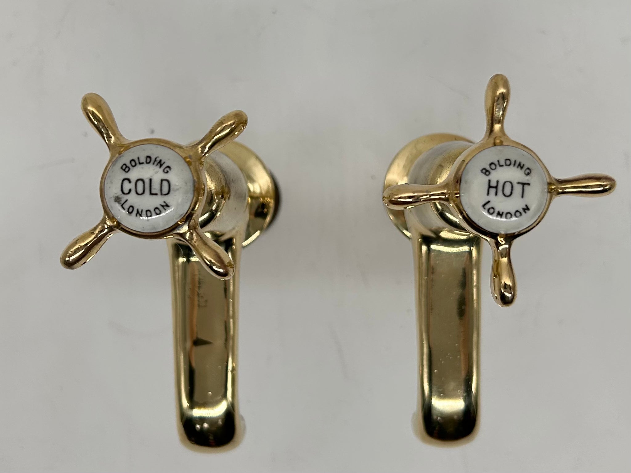 A Pair of Long Reach Edwardian Basin Taps by John Bolding (London) in Unsealed Polished Brass C.1920