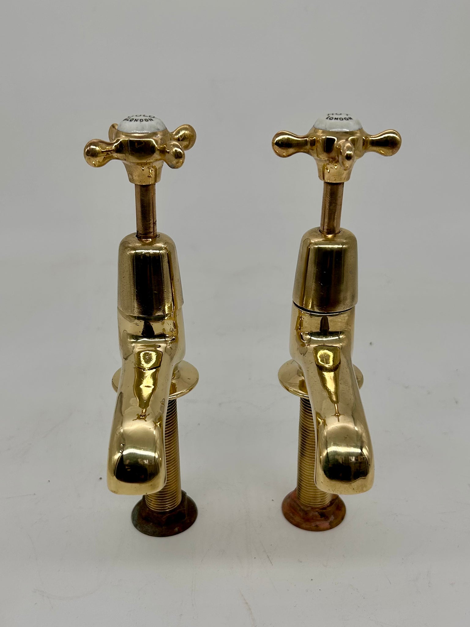 A Pair of Long Reach Edwardian Basin Taps by John Bolding (London) in Unsealed Polished Brass C.1920