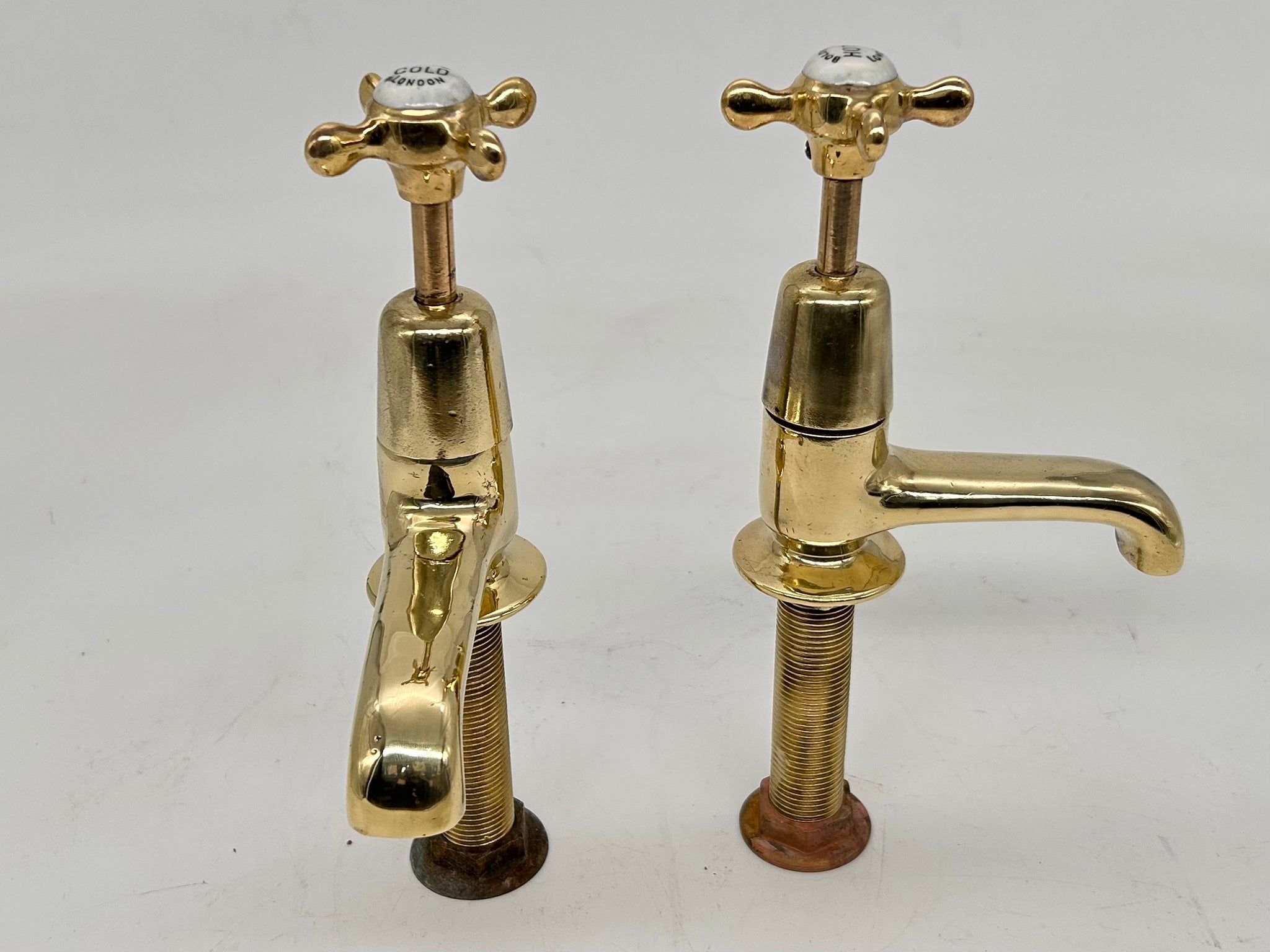 A Pair of Long Reach Edwardian Basin Taps by John Bolding (London) in Unsealed Polished Brass C.1920