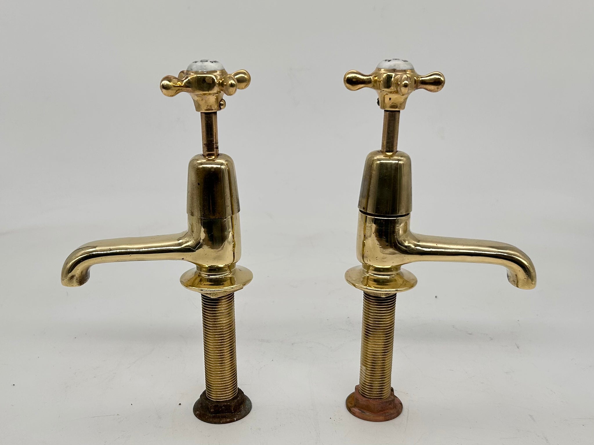 A Pair of Long Reach Edwardian Basin Taps by John Bolding (London) in Unsealed Polished Brass C.1920