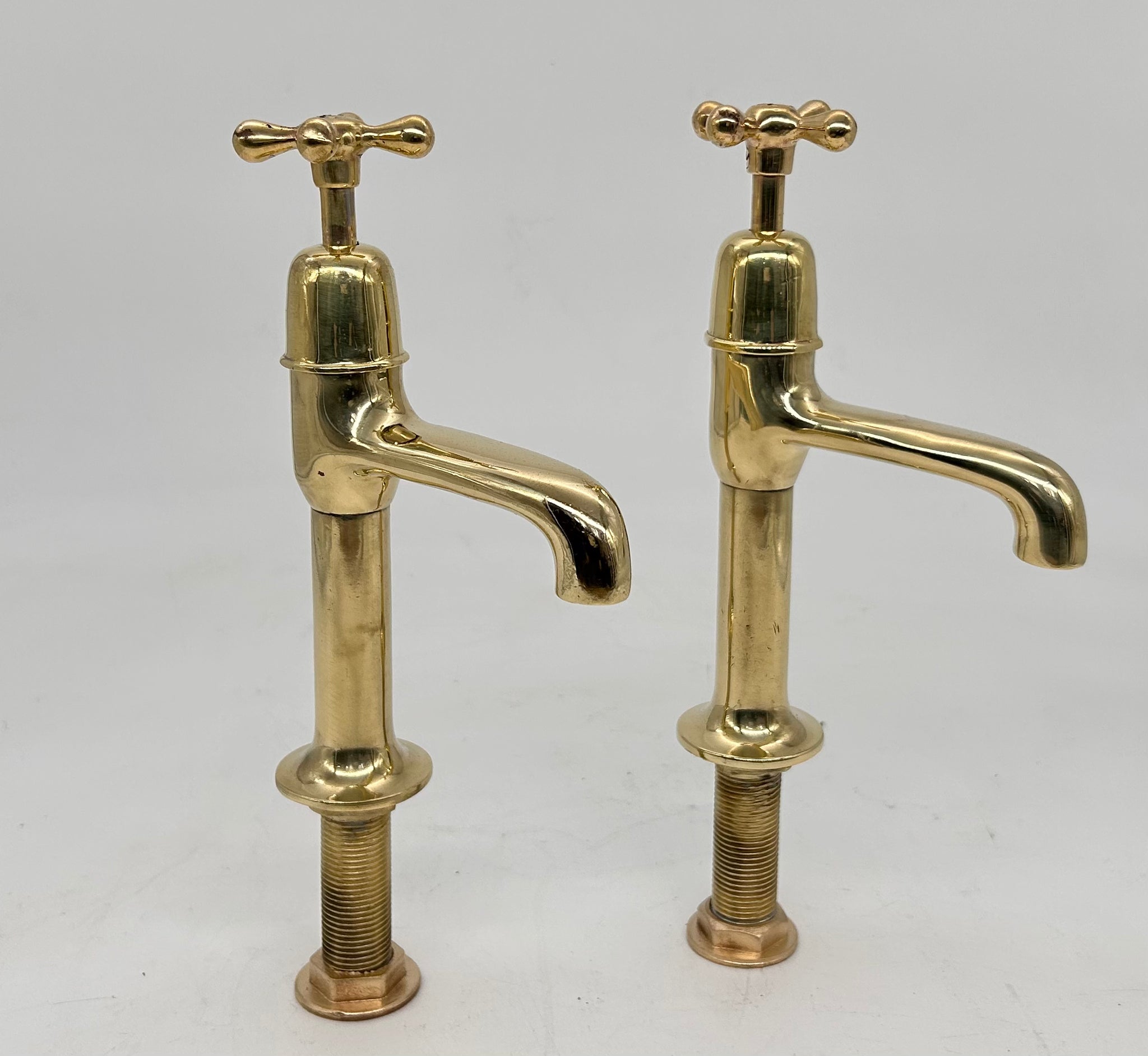 Edwardian Kitchen Sink Pillar Taps in Unsealed Polished Brass C.1920