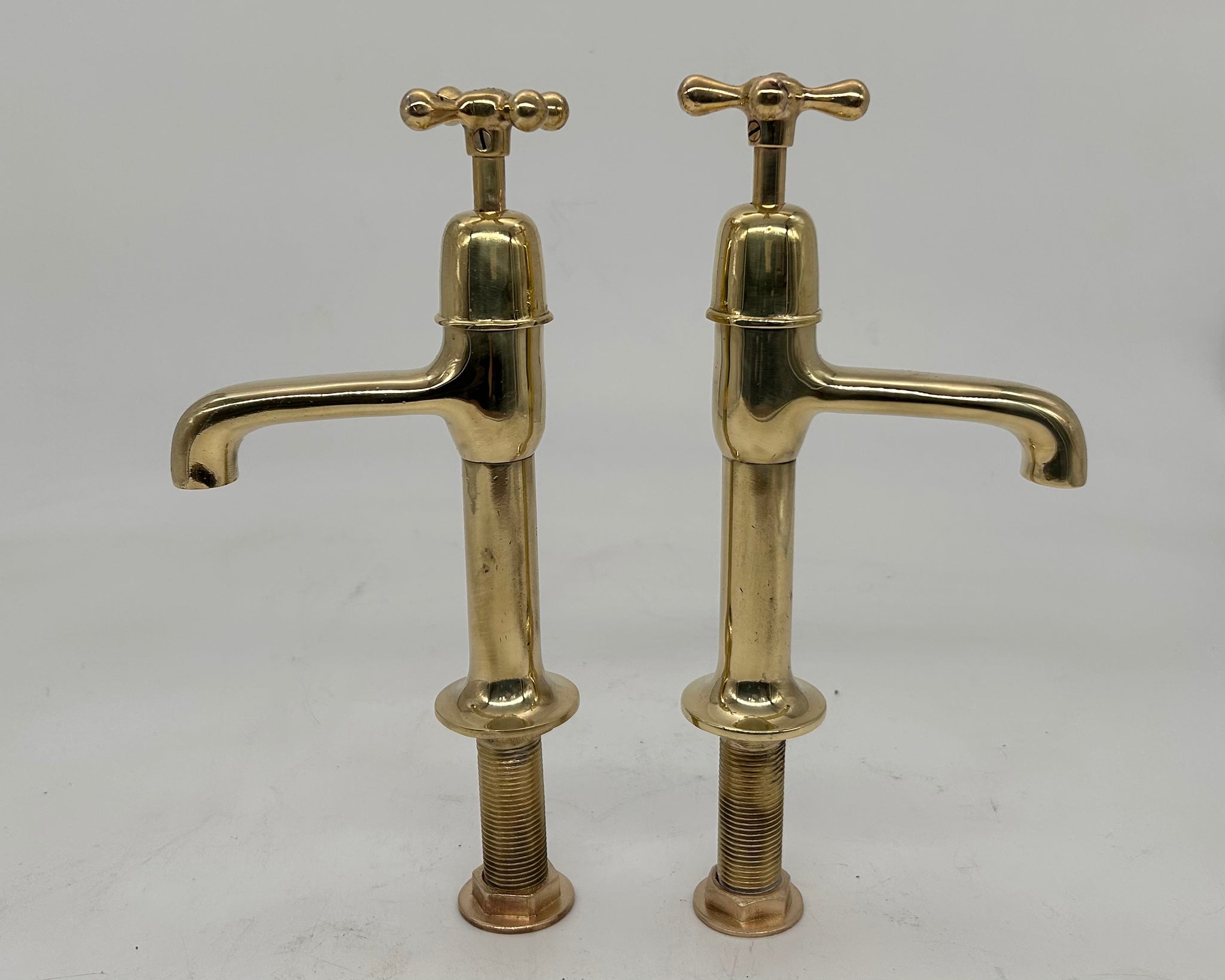 Edwardian Kitchen Sink Pillar Taps in Unsealed Polished Brass C.1920