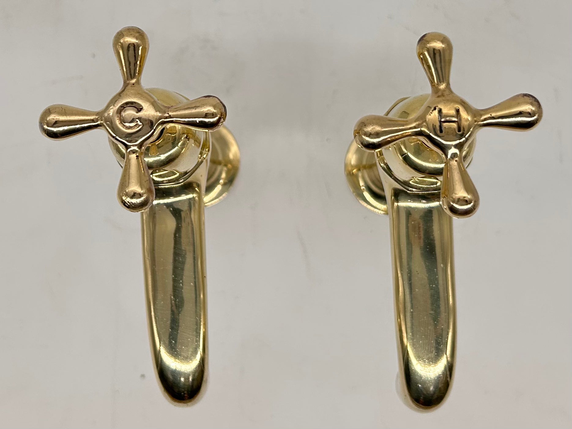 Edwardian Kitchen Sink Pillar Taps in Unsealed Polished Brass C.1920