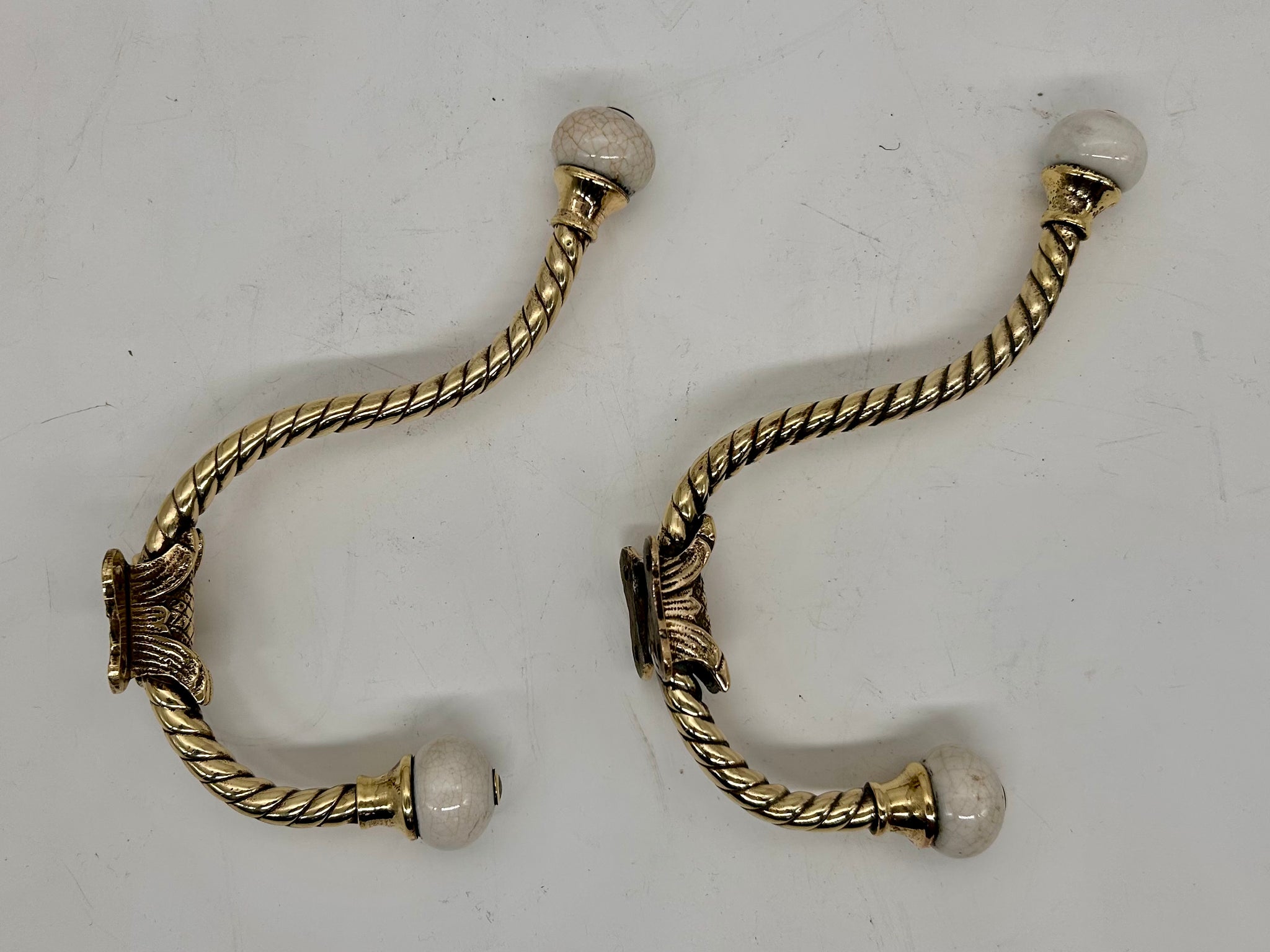 A Pair of Victorian Brass & Porcelain Towel Robe Hooks C.1880