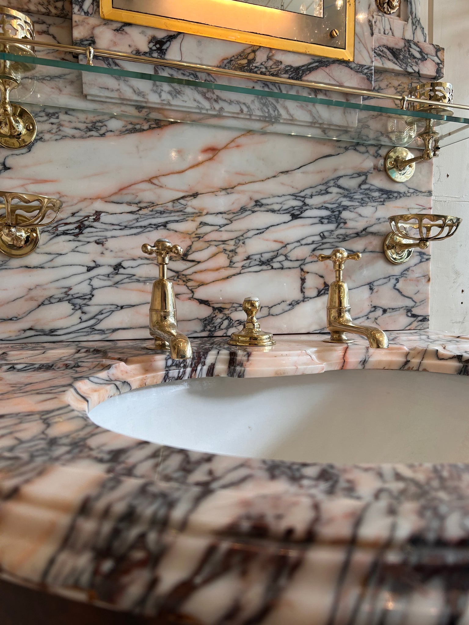 Pink and Amber "Carrara" Marble Console Basin by Shanks C.1920 with Illuminated Mirror and Walnut Stand