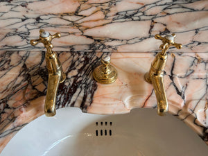 Pink and Amber "Carrara" Marble Console Basin by Shanks C.1920 with Illuminated Mirror and Walnut Stand