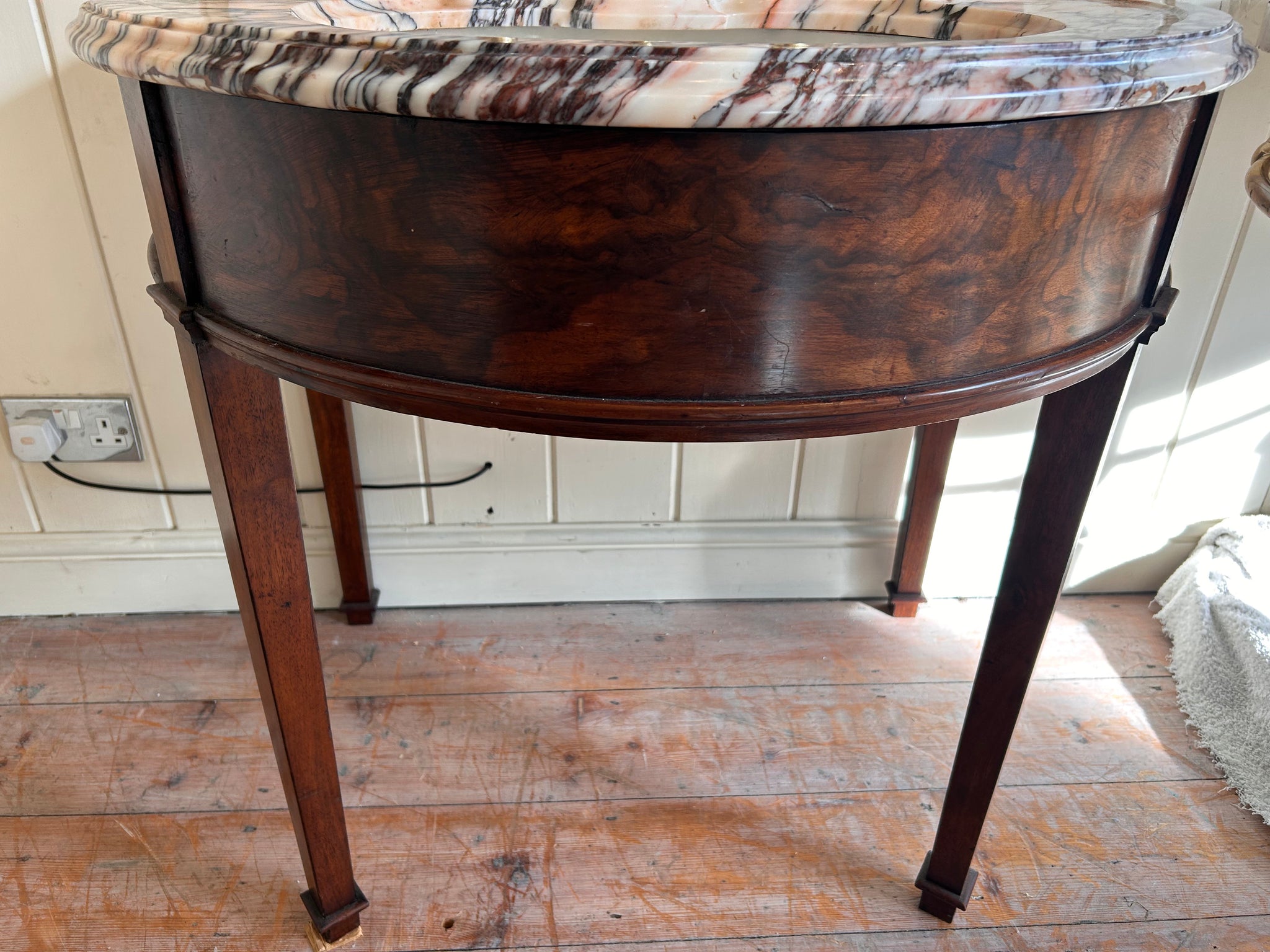 Pink and Amber "Carrara" Marble Console Basin by Shanks C.1920 with Illuminated Mirror and Walnut Stand