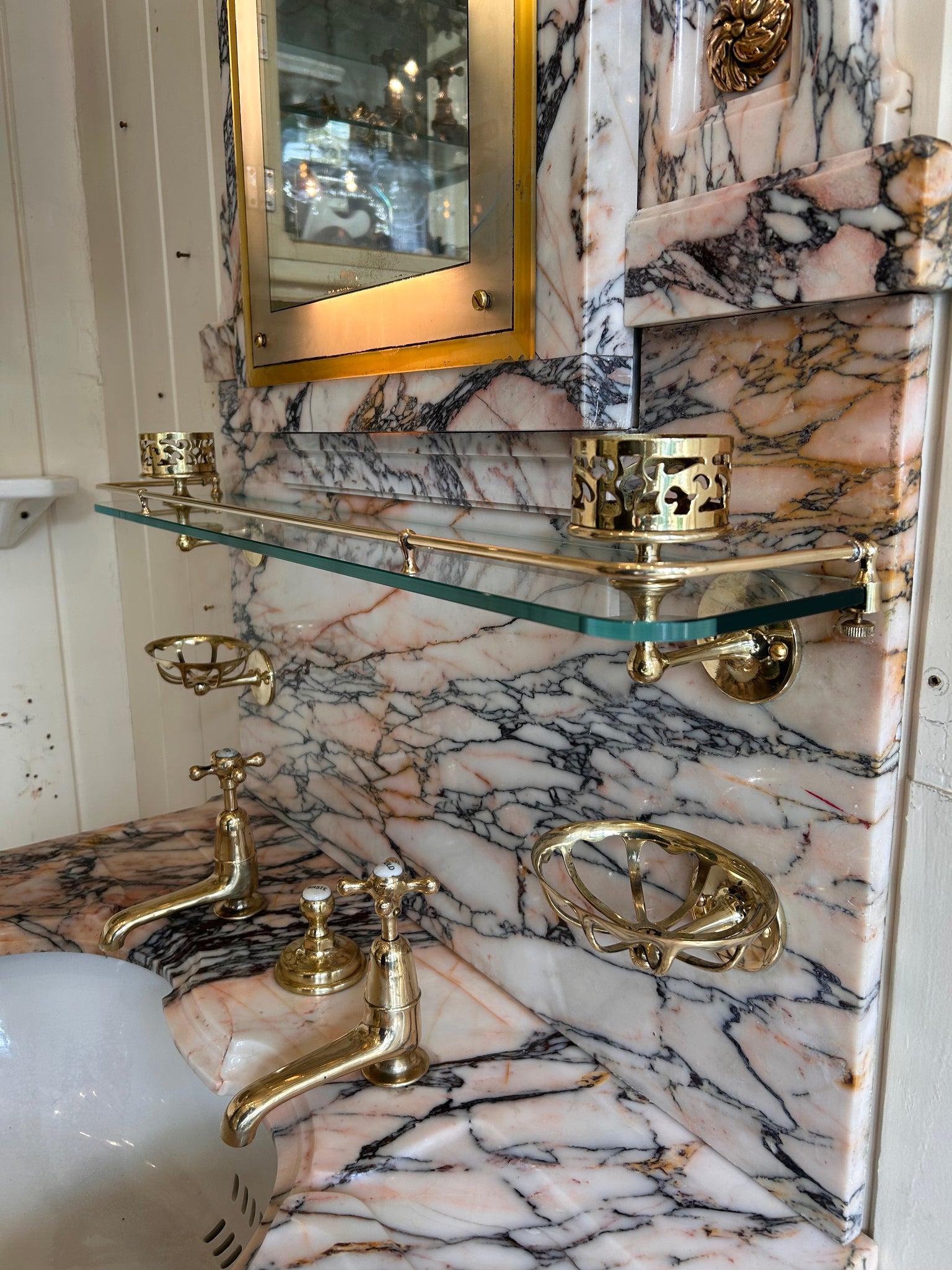 Pink and Amber "Carrara" Marble Console Basin by Shanks C.1920 with Illuminated Mirror and Walnut Stand
