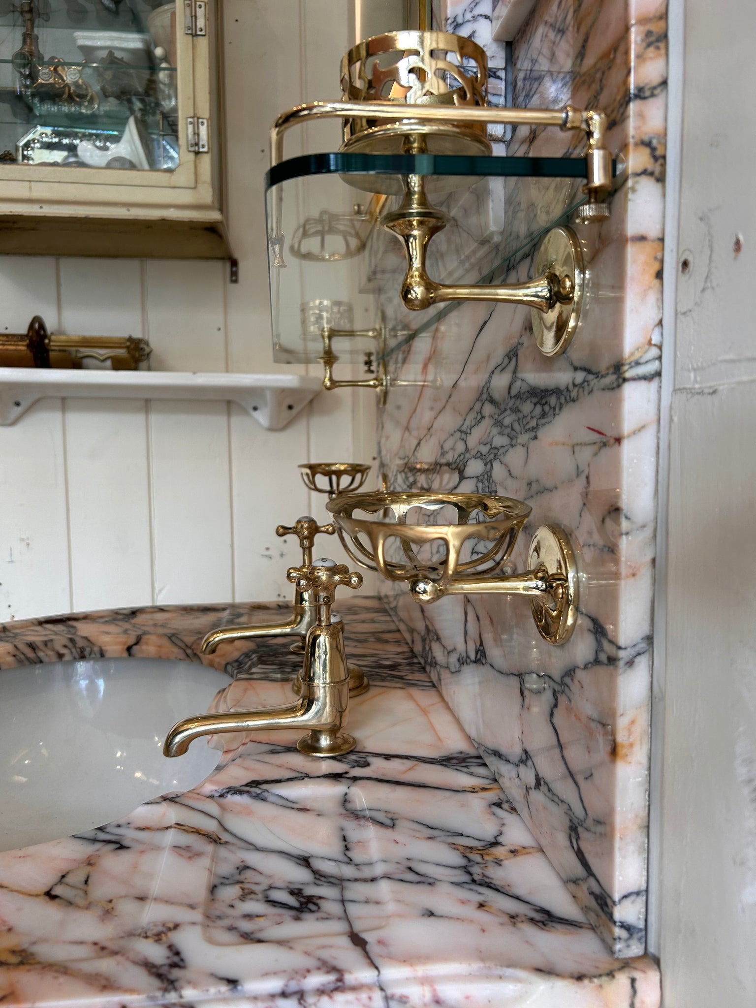 Pink and Amber "Carrara" Marble Console Basin by Shanks C.1920 with Illuminated Mirror and Walnut Stand