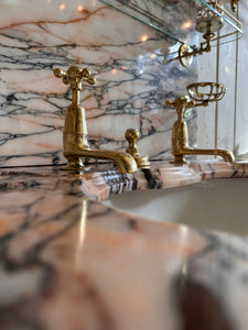 Pink and Amber "Carrara" Marble Console Basin by Shanks C.1920 with Illuminated Mirror and Walnut Stand