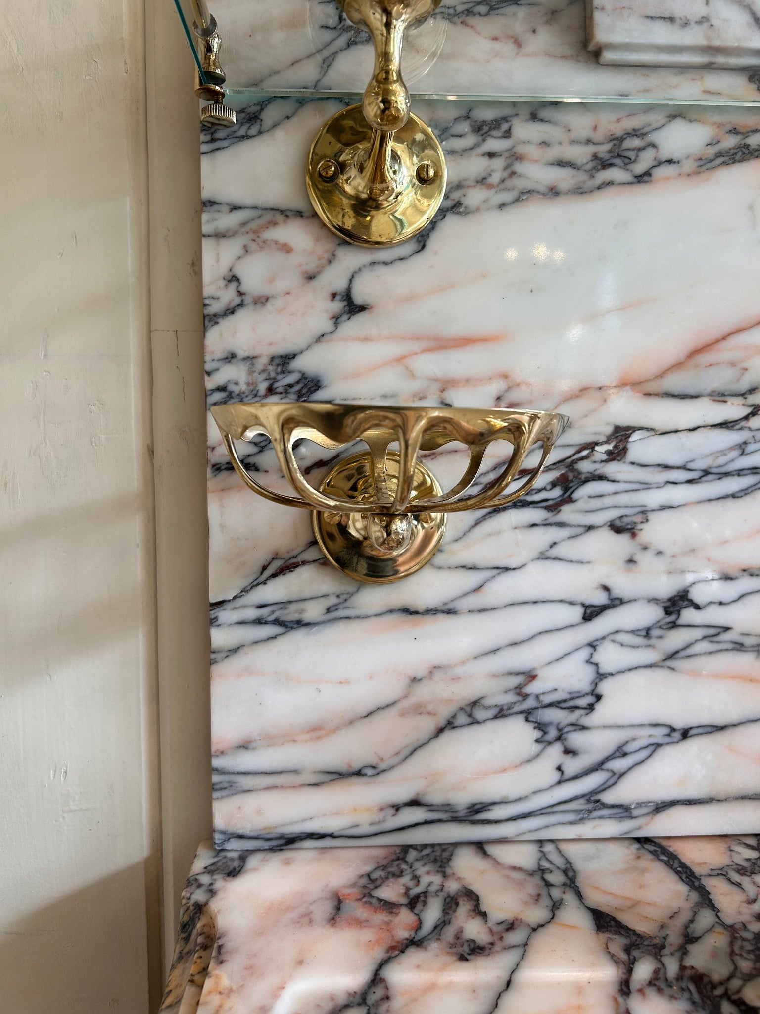 Pink and Amber "Carrara" Marble Console Basin by Shanks C.1920 with Illuminated Mirror and Walnut Stand