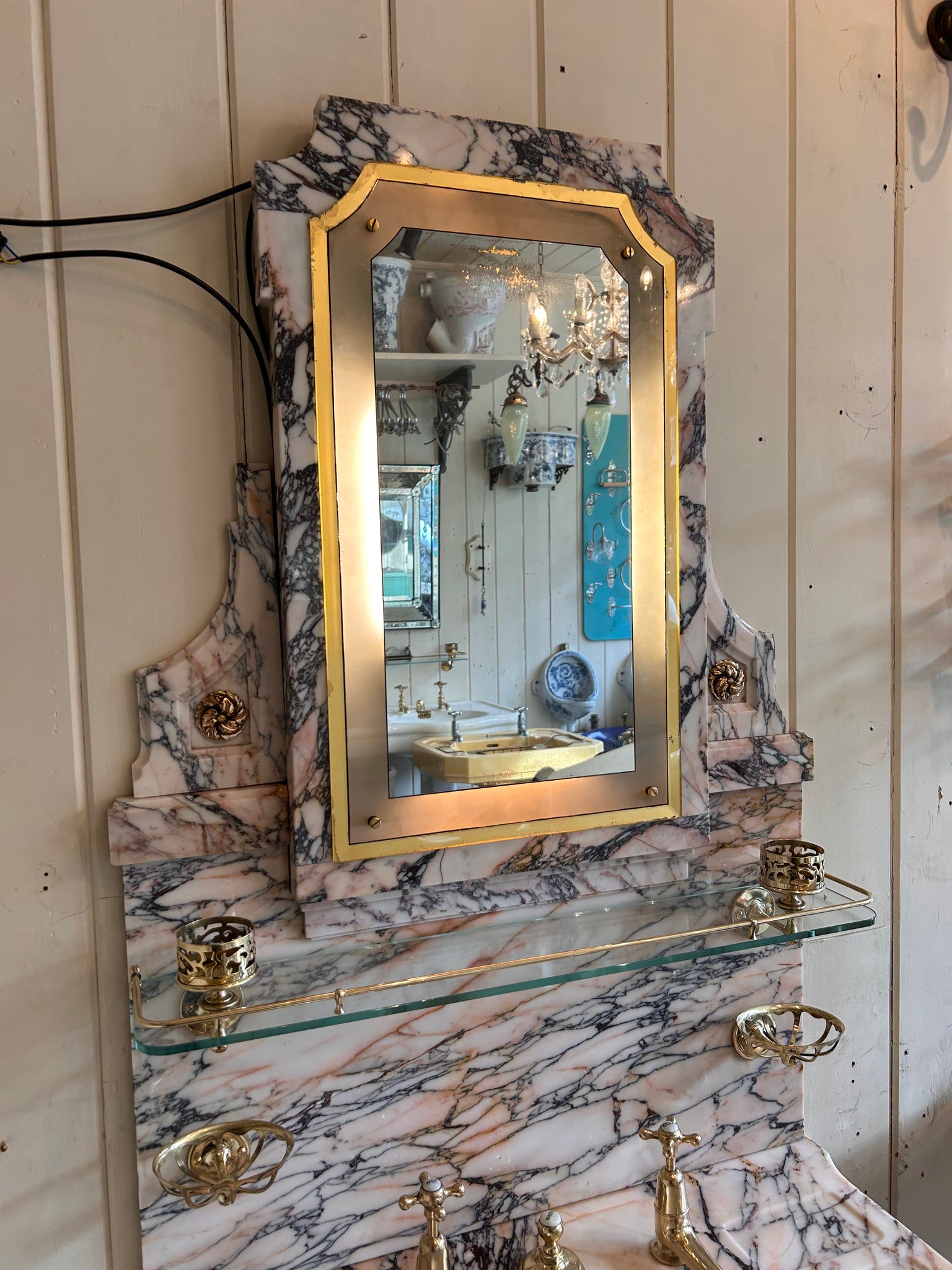 Pink and Amber "Carrara" Marble Console Basin by Shanks C.1920 with Illuminated Mirror and Walnut Stand