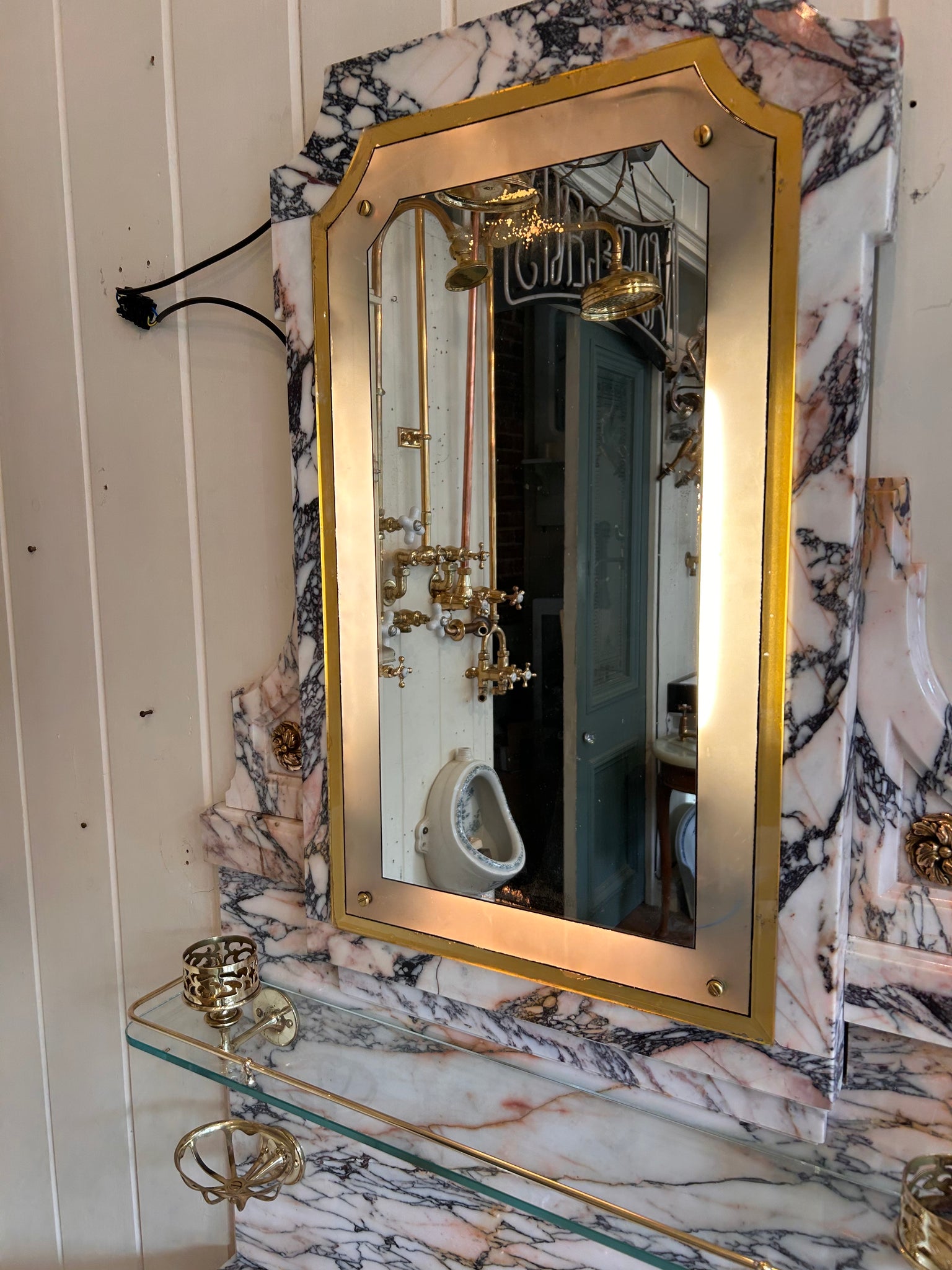 Pink and Amber "Carrara" Marble Console Basin by Shanks C.1920 with Illuminated Mirror and Walnut Stand