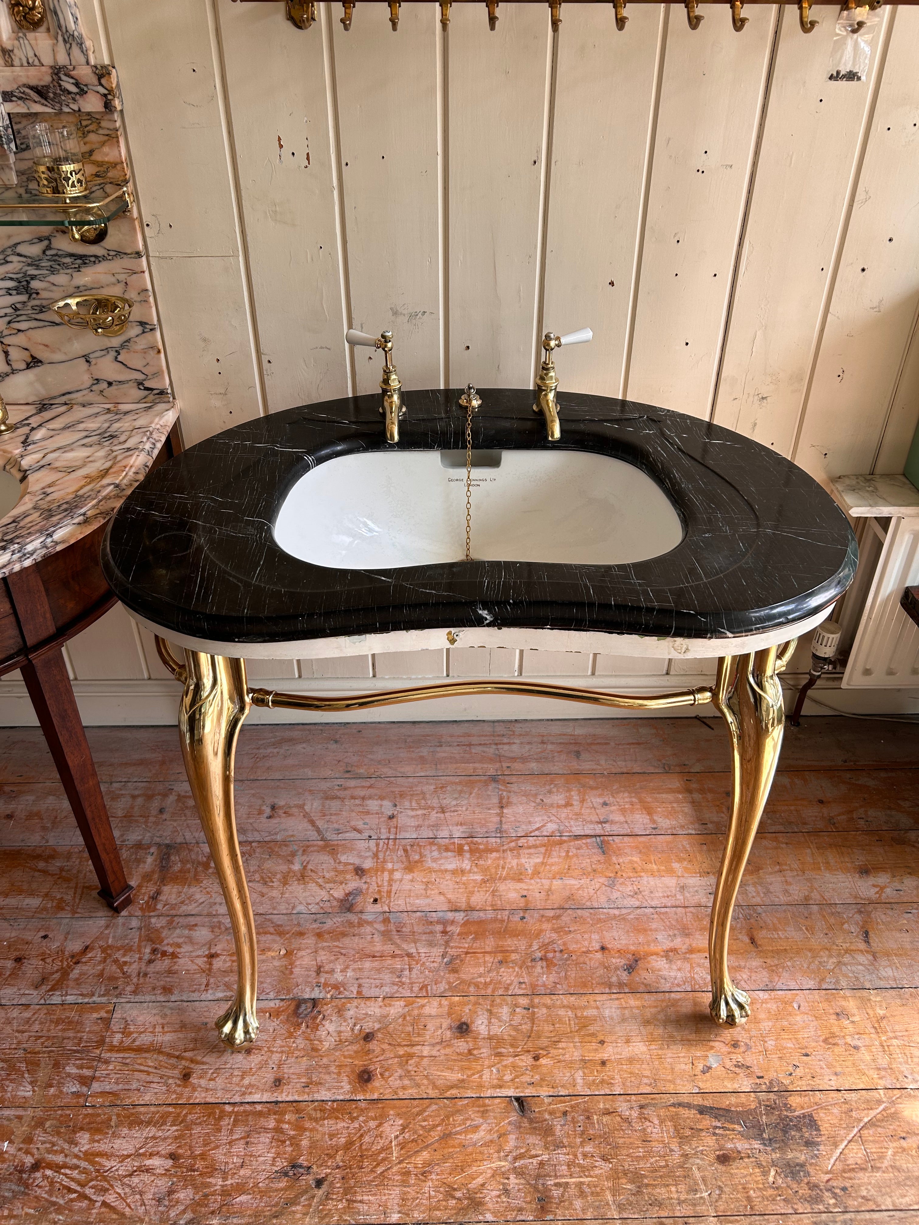 Rare Art Nouveau Console Basin on Brass Stand with a Black Marble Vanity Deck by George Jennings C.1905