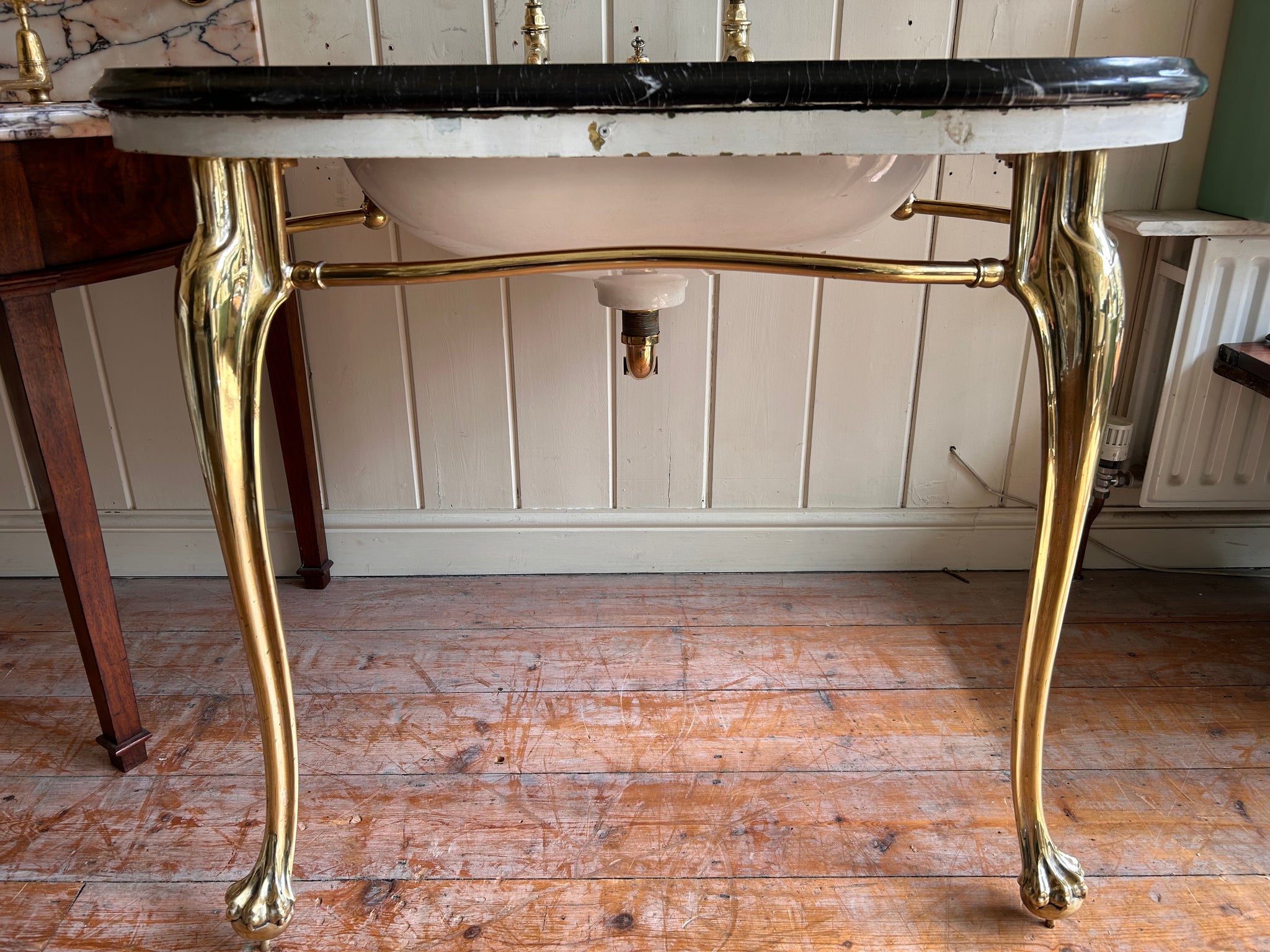 Rare Art Nouveau Console Basin on Brass Stand with a Black Marble Vanity Deck by George Jennings C.1905