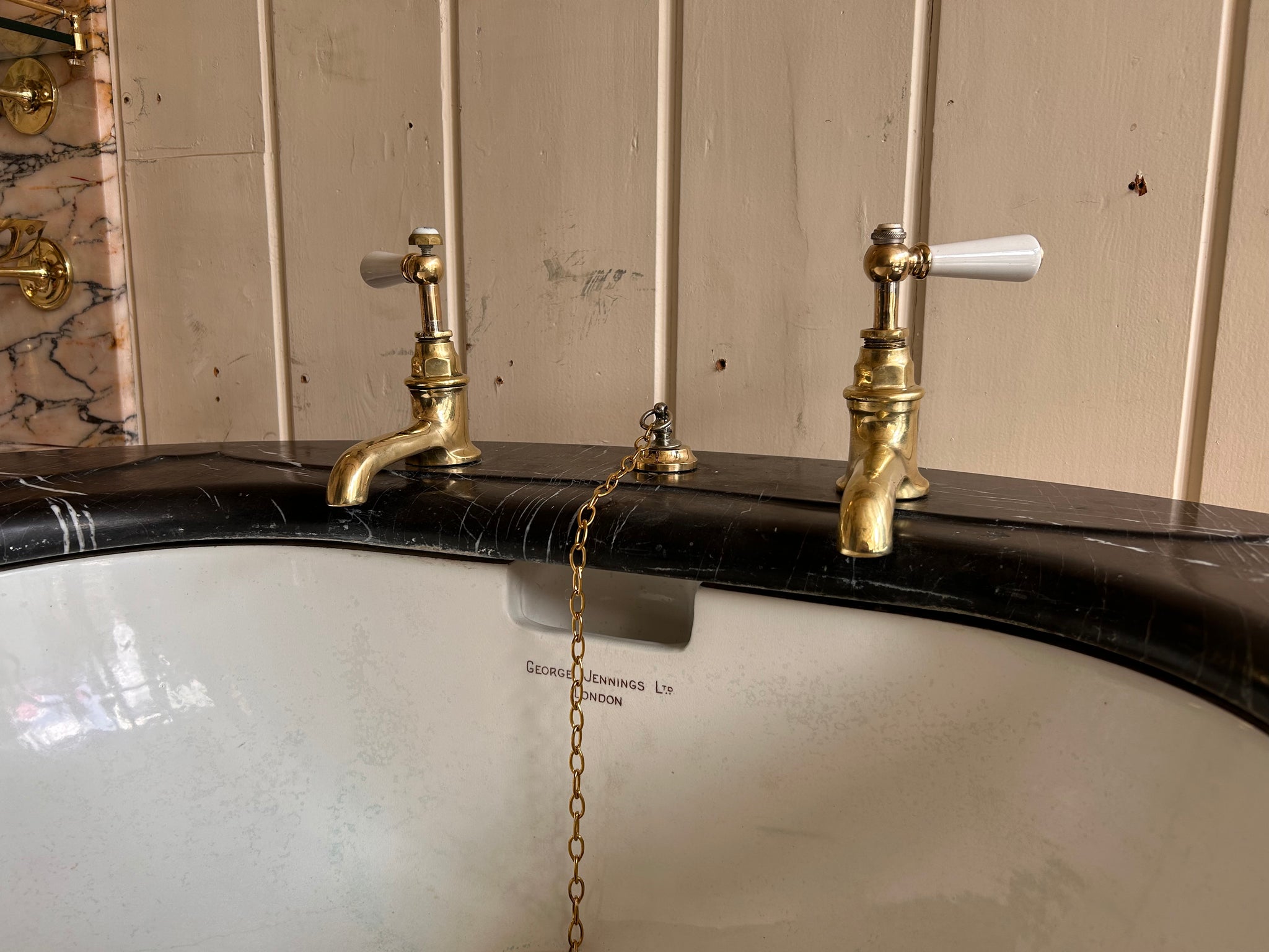 Rare Art Nouveau Console Basin on Brass Stand with a Black Marble Vanity Deck by George Jennings C.1905