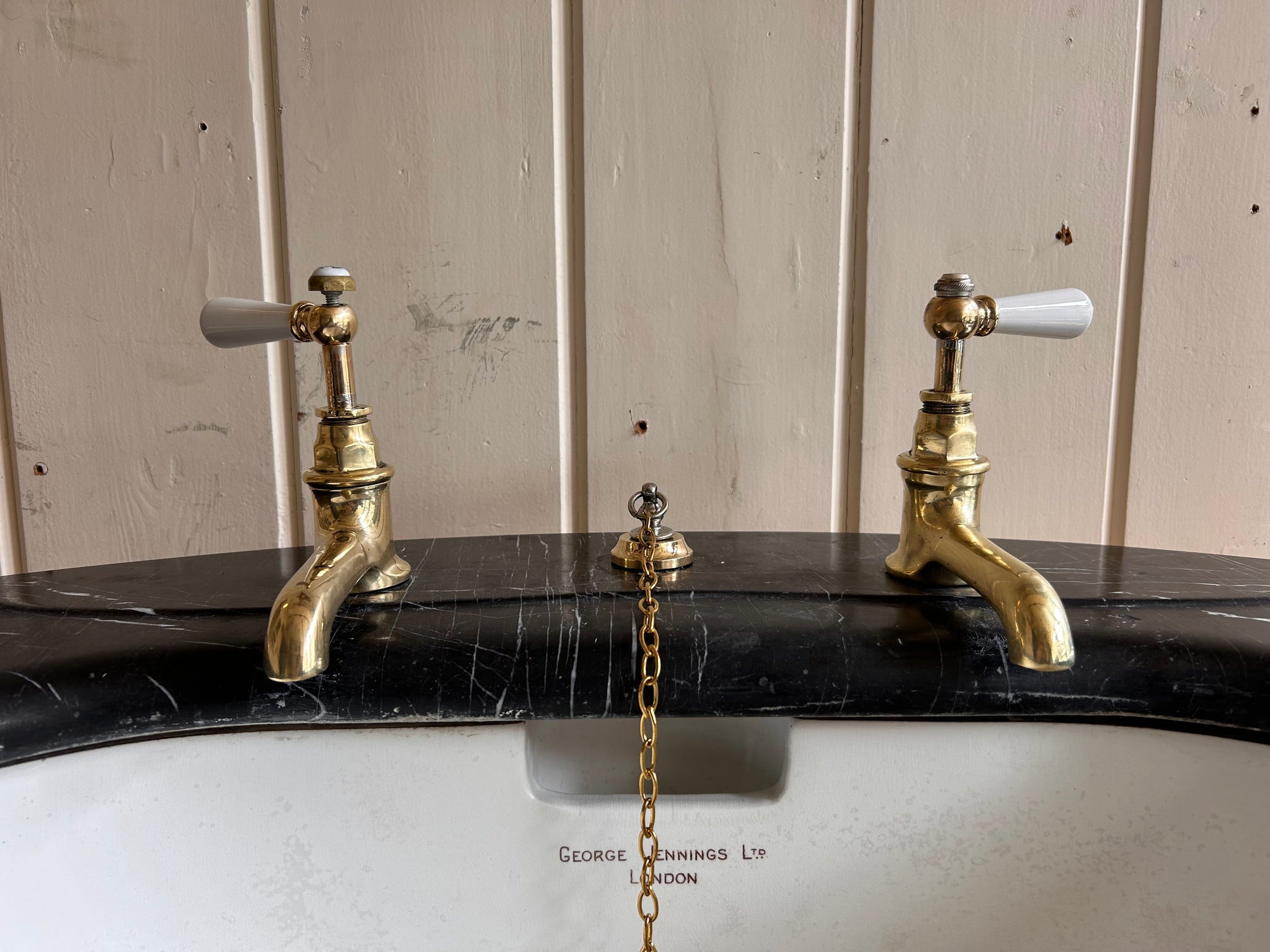 Rare Art Nouveau Console Basin on Brass Stand with a Black Marble Vanity Deck by George Jennings C.1905