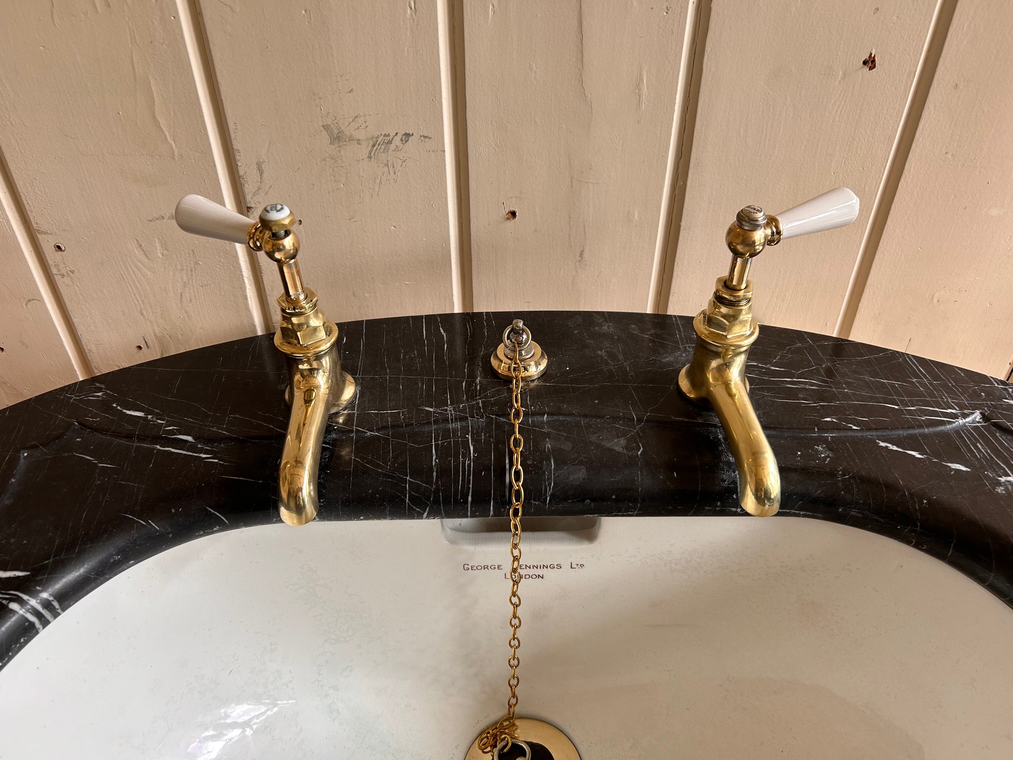 Rare Art Nouveau Console Basin on Brass Stand with a Black Marble Vanity Deck by George Jennings C.1905
