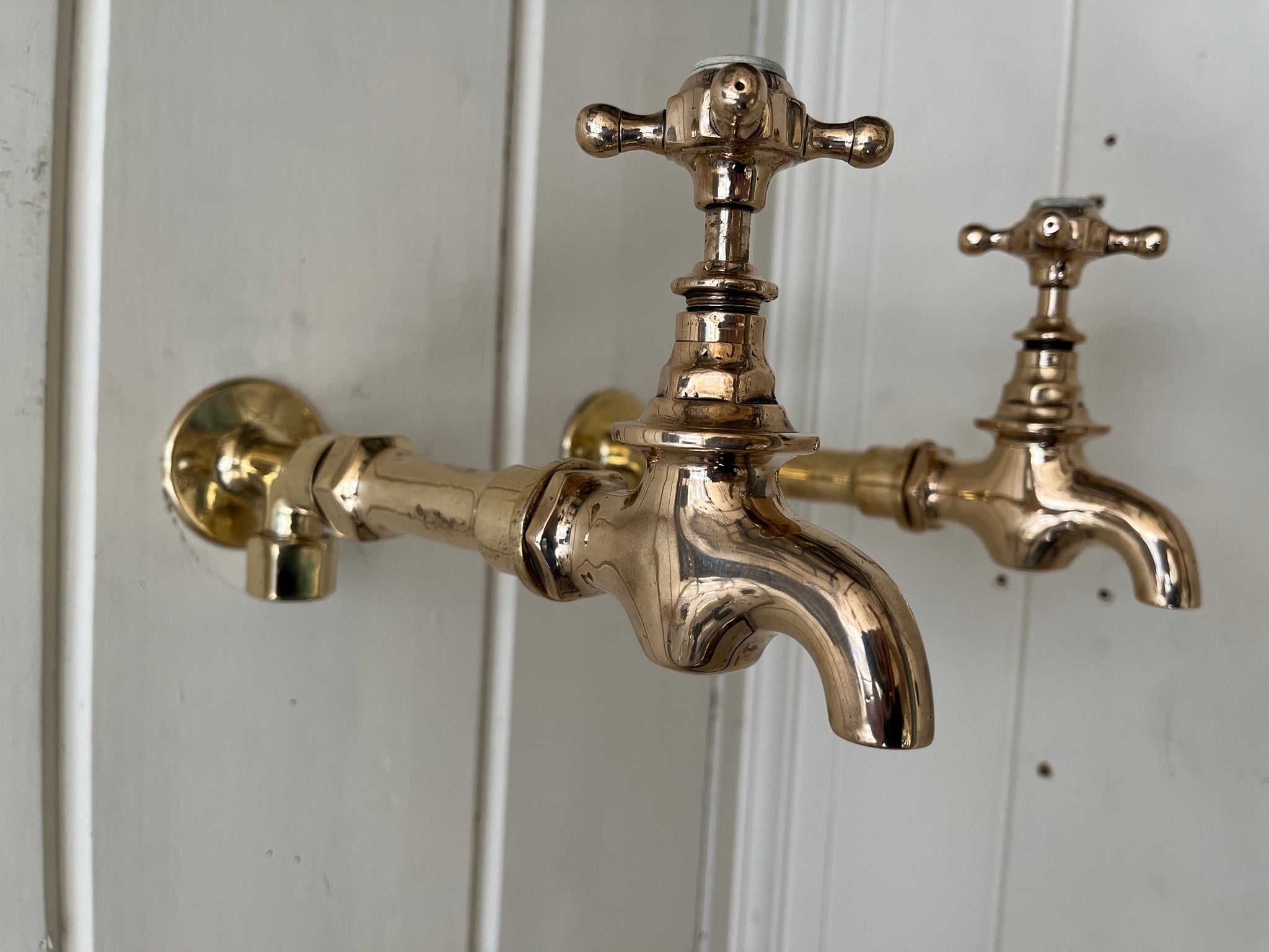 Pair of Victorian Bib Taps on Original Vintage Extensions/Wall Mounts C.1890