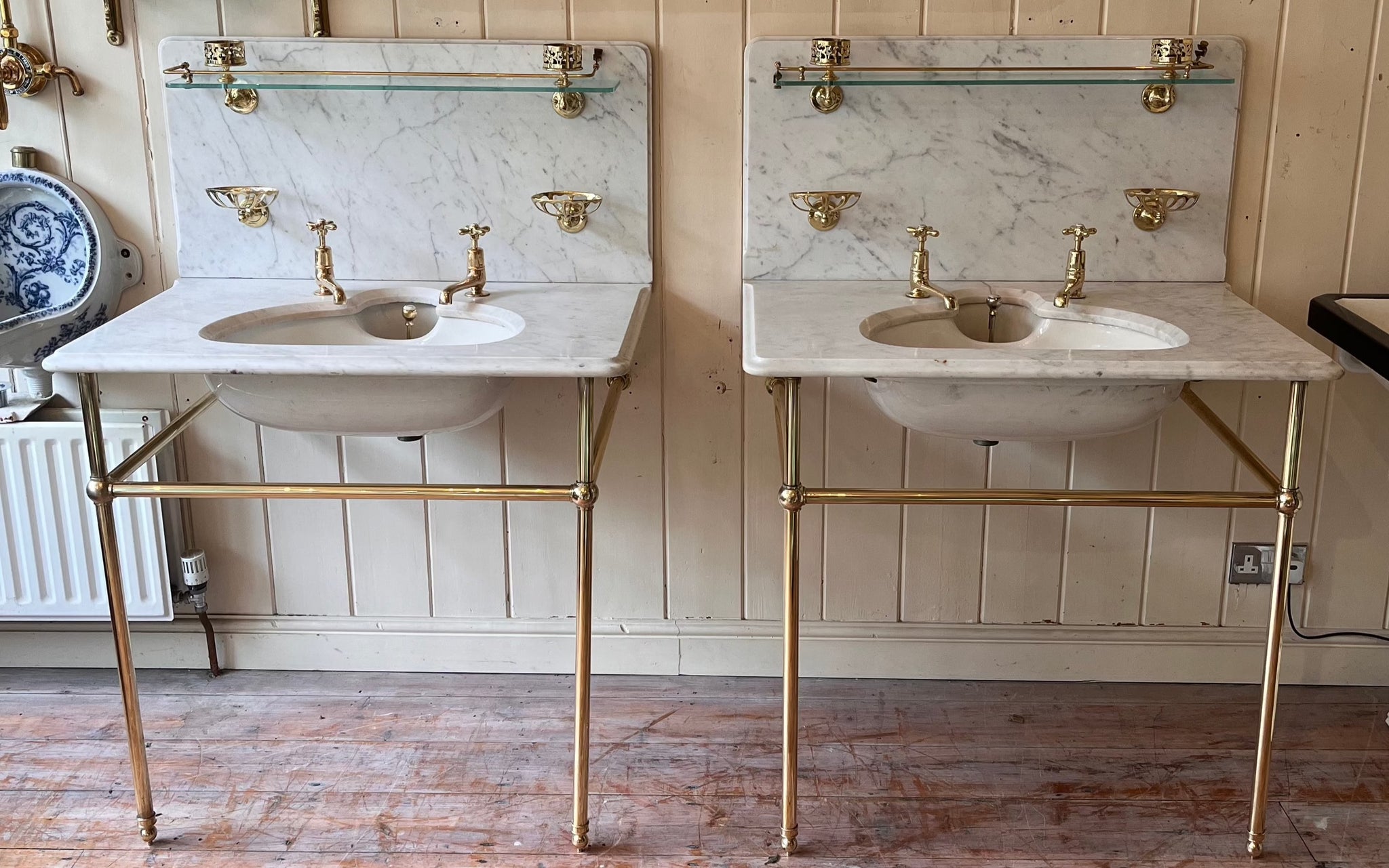Pair of Antique Marble Basins on Brass Stands by Shanks & Co LTD C.1930