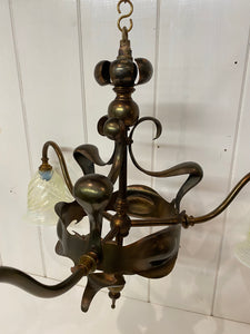 Art Nouveau (Arts and Crafts) 3 Arm Electrolier in Dark Bronze Finish on Copper and Brass C.1900