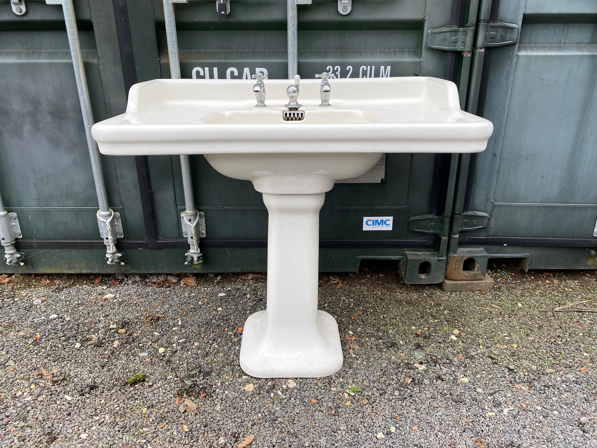 Large Vintage French Fireclay Console Basin & Pedestal by J Delafon, Paris C.1920