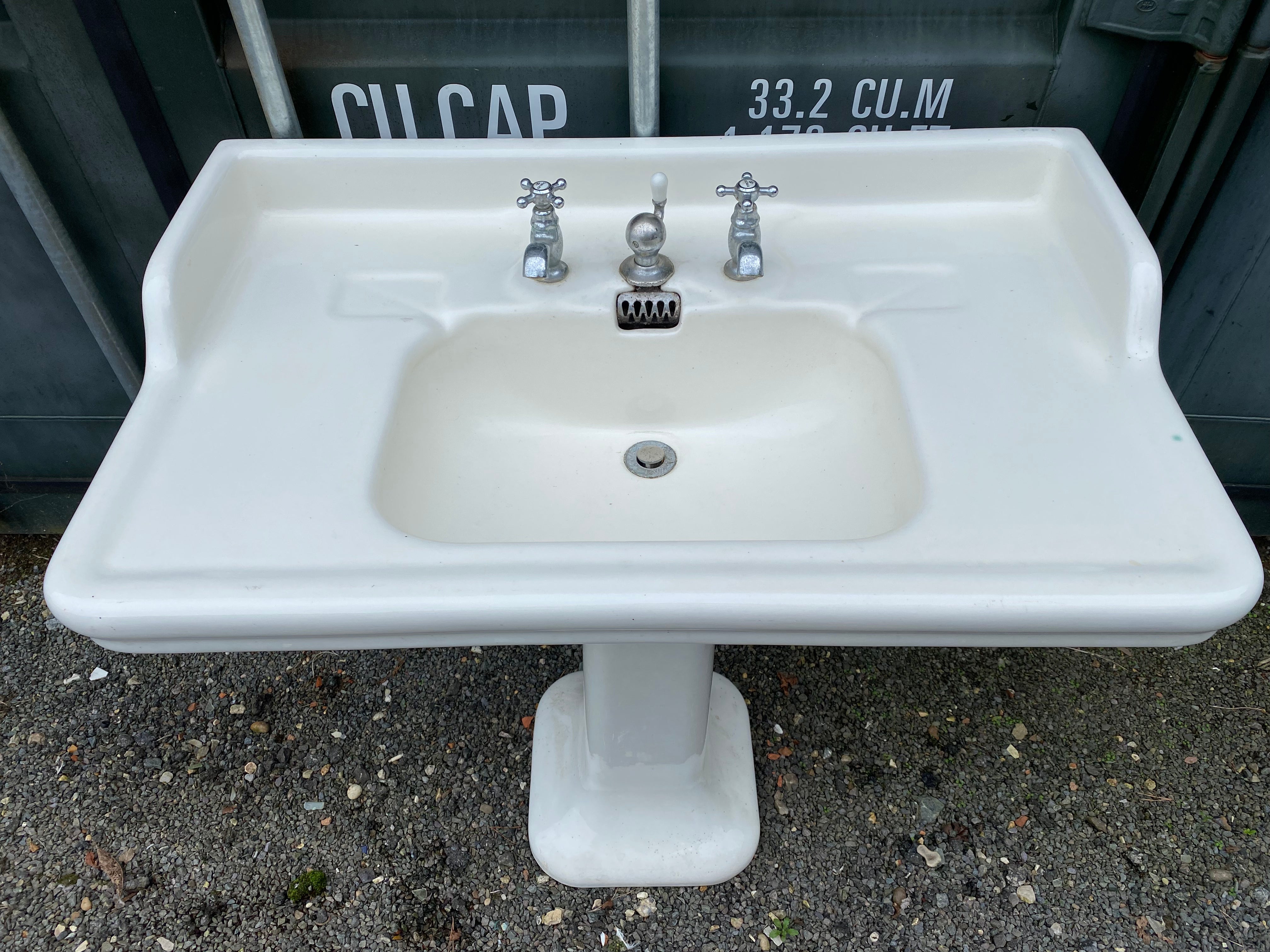 Large Vintage French Fireclay Console Basin & Pedestal by J Delafon, Paris C.1920