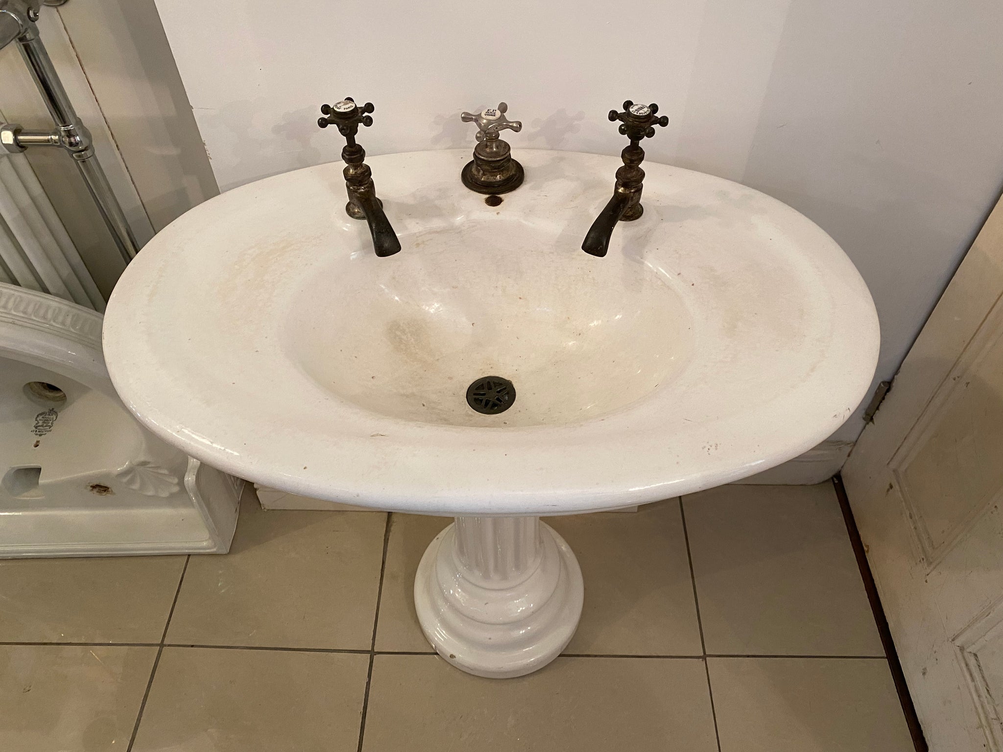 Turn of the Century French Antique Fireclay Basin & Pedestal C.1900 by J. Delafon, Paris